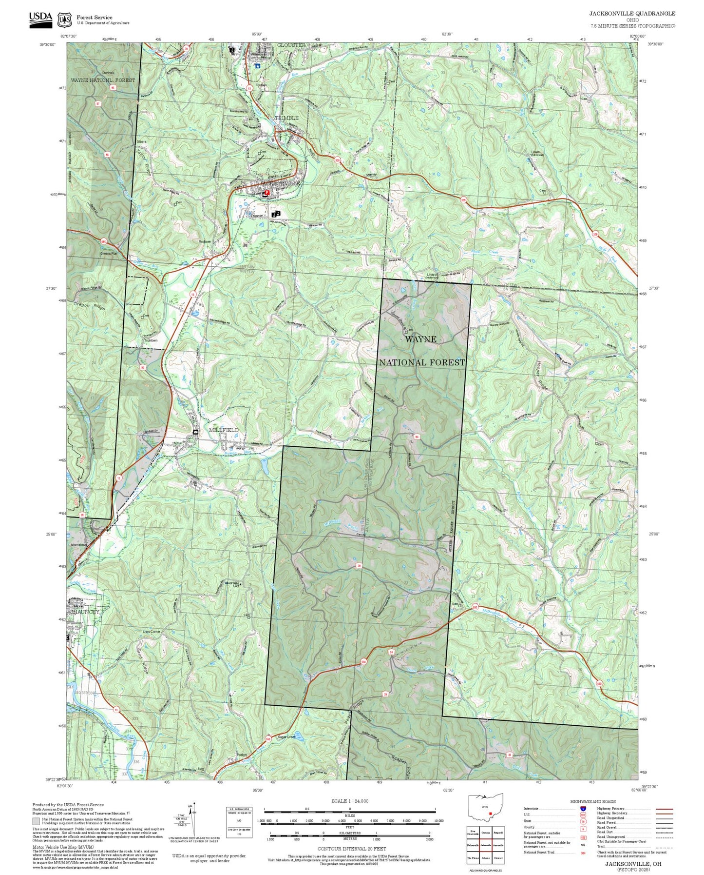 2025 Forest Service Topo Map of Jacksonville Ohio