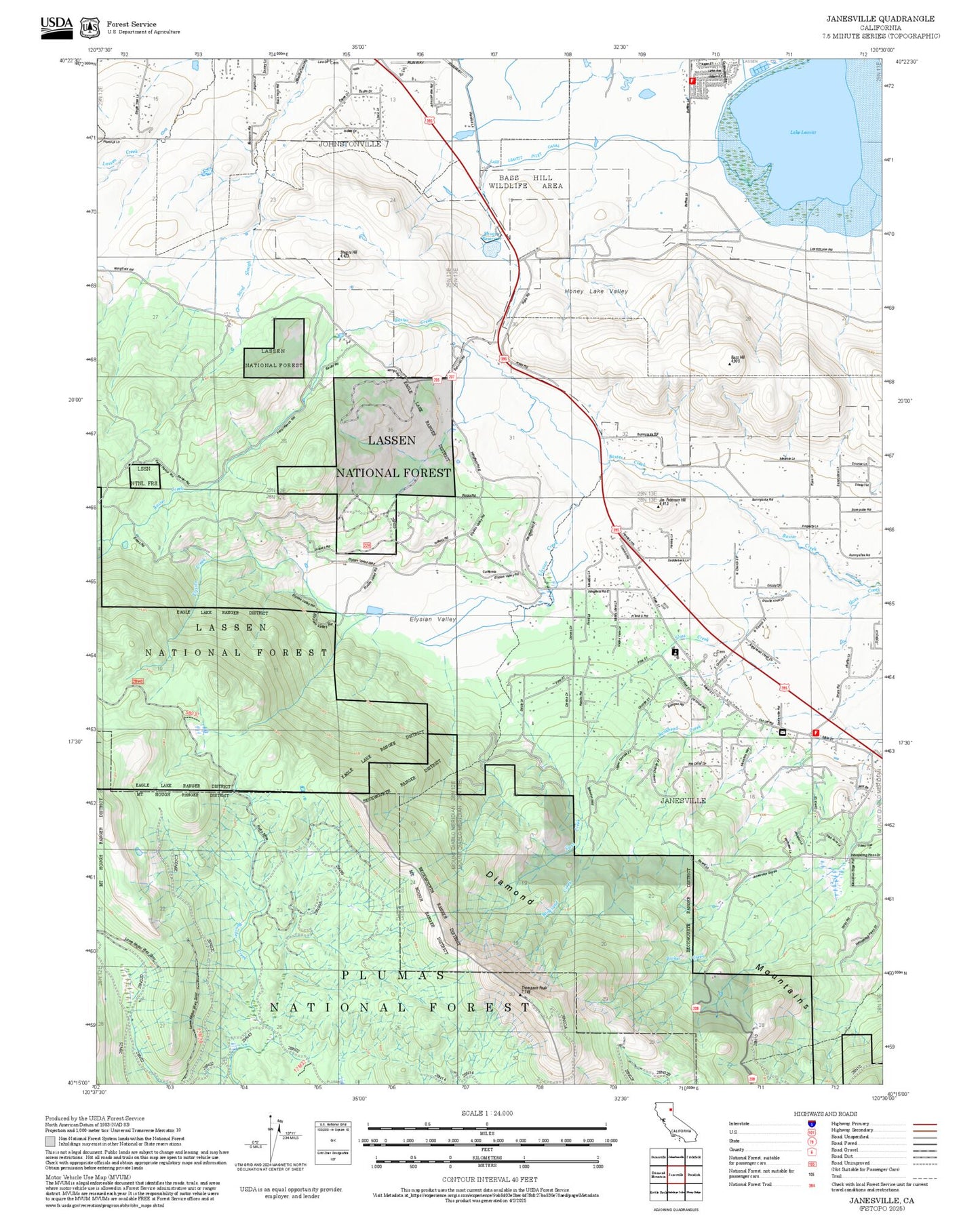 2025 Forest Service Topo Map of Janesville California