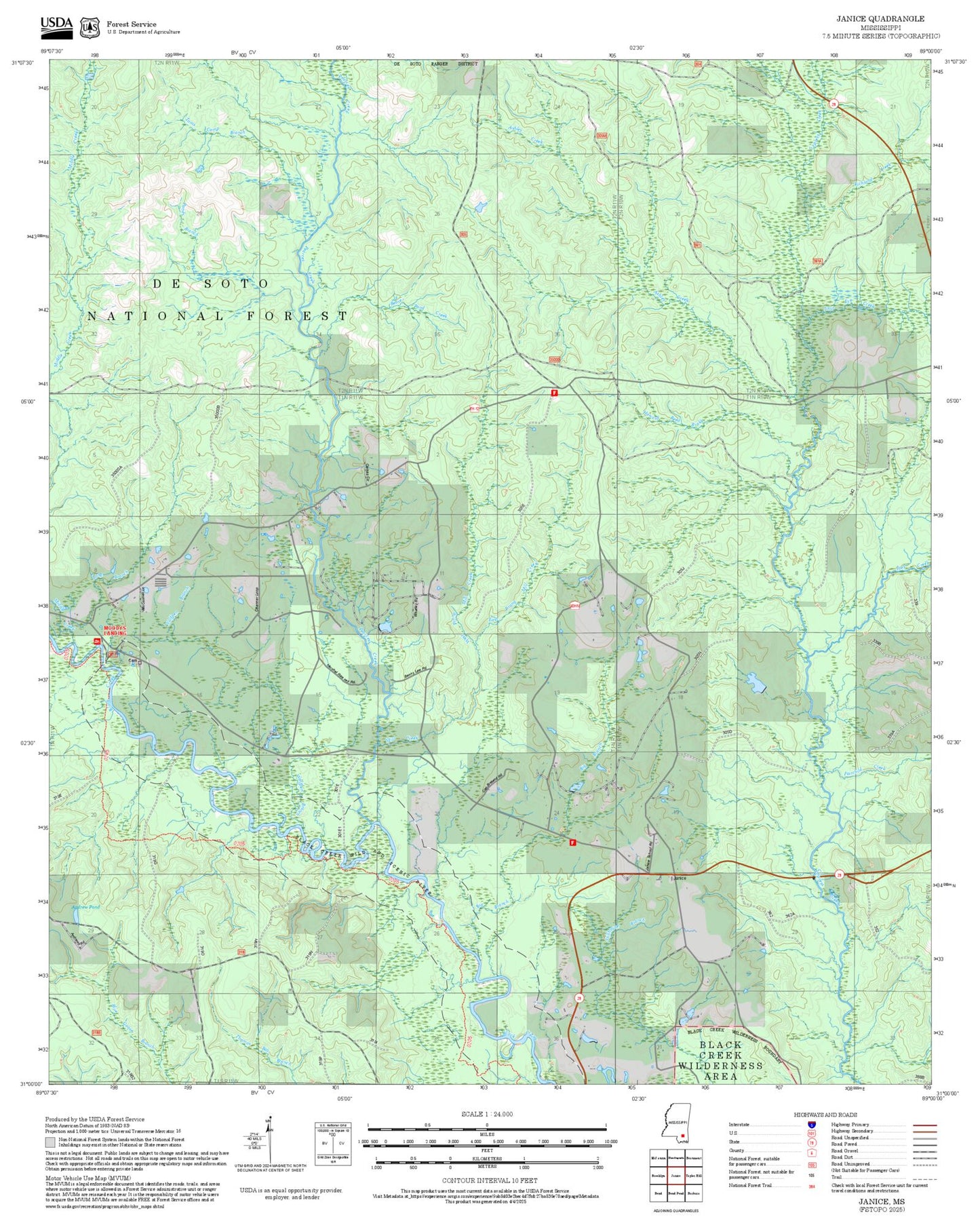 2025 Forest Service Topo Map of Janice Mississippi