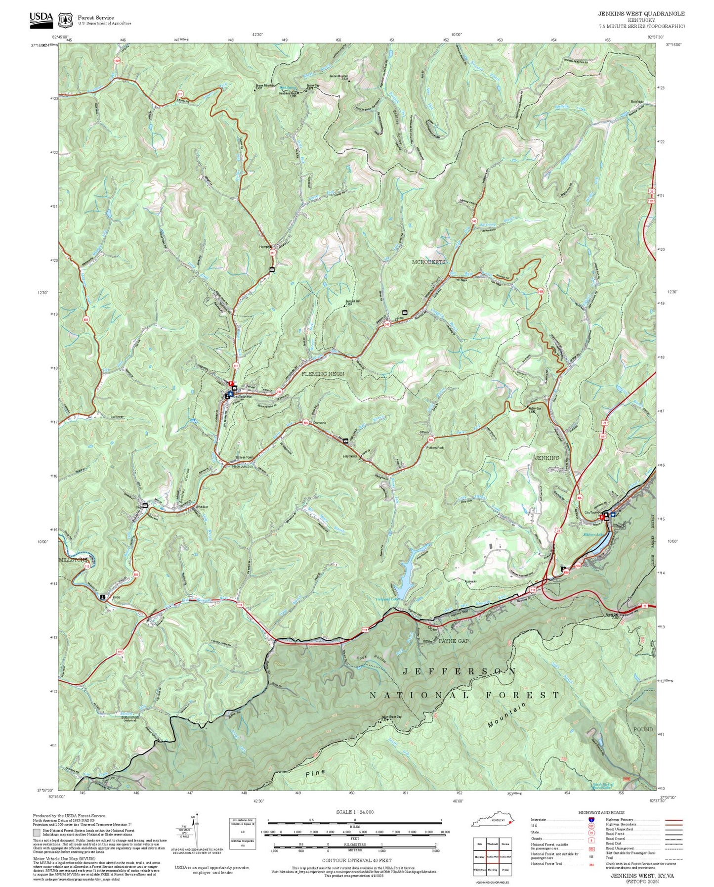 2025 Forest Service Topo Map of Jenkins West Kentucky