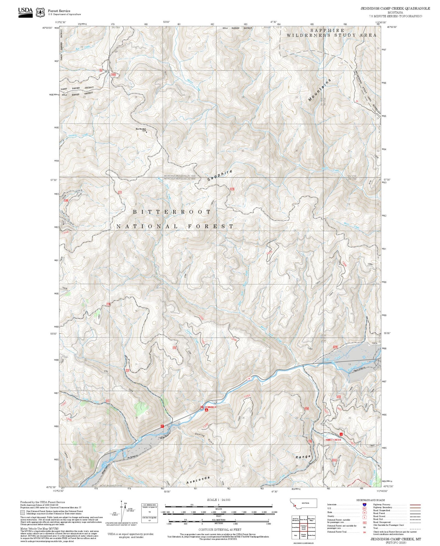 2025 Forest Service Topo Map of Jennings Camp Creek Montana