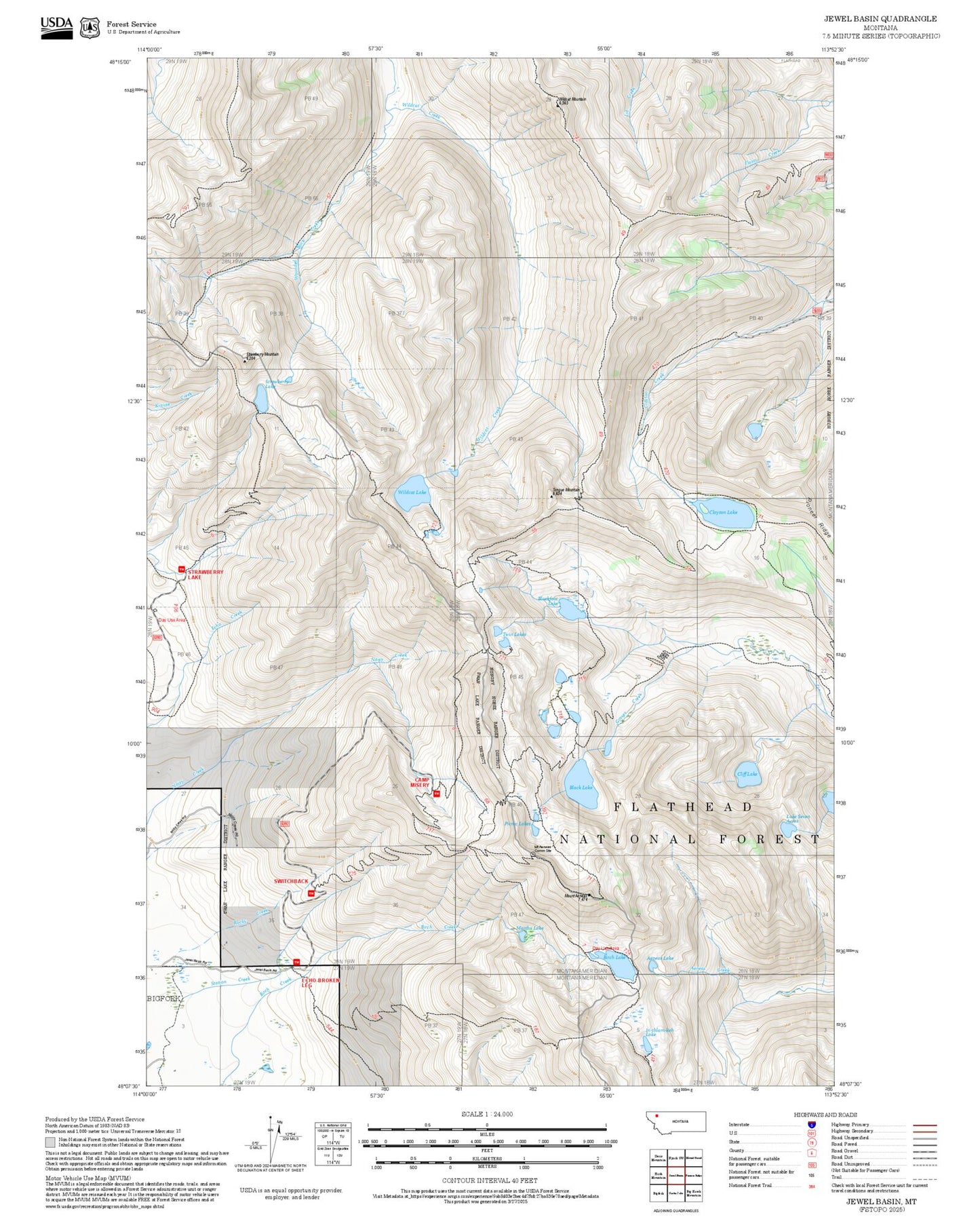 2025 Forest Service Topo Map of Jewel Basin Montana