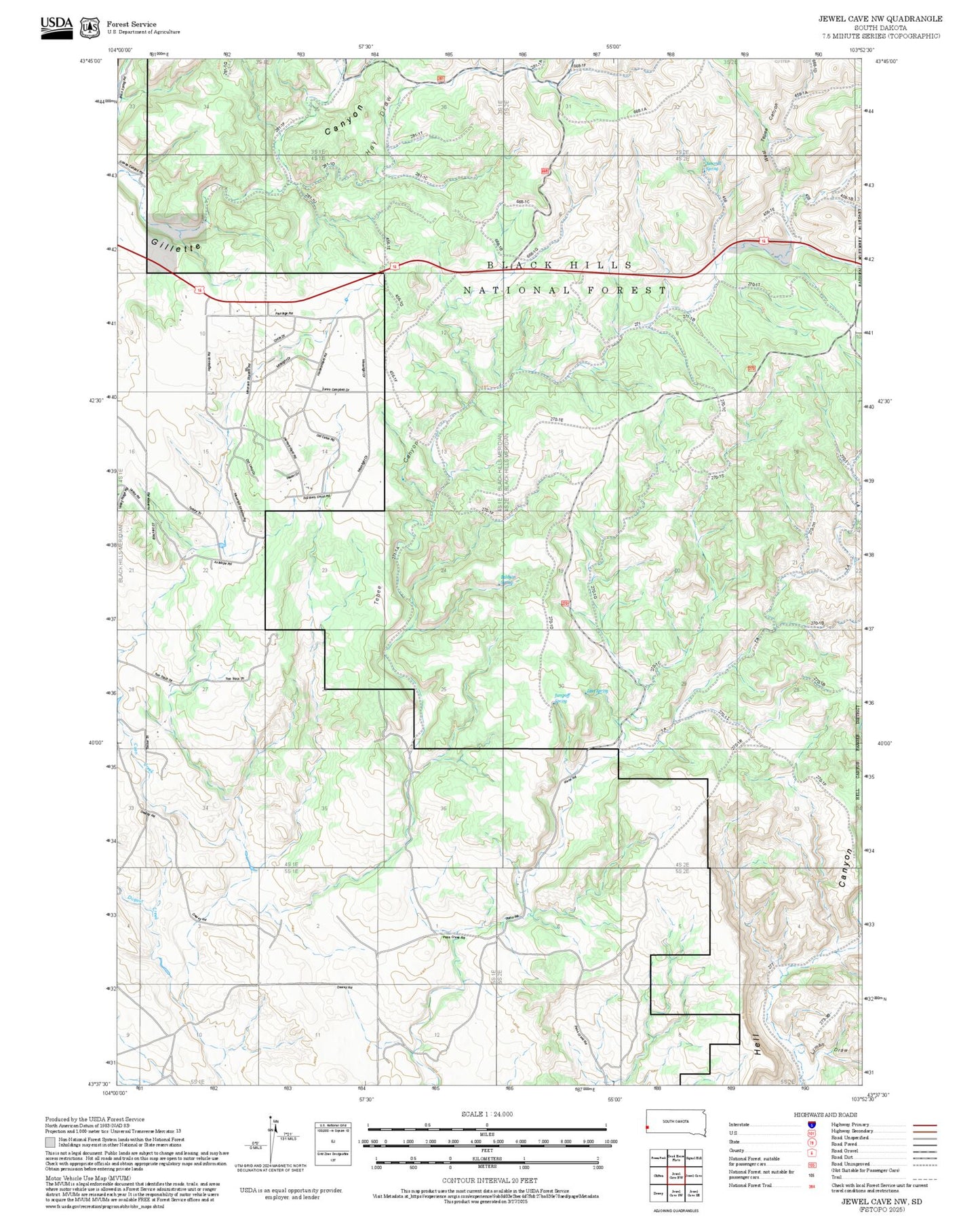 2025 Forest Service Topo Map of Jewel Cave NW South Dakota
