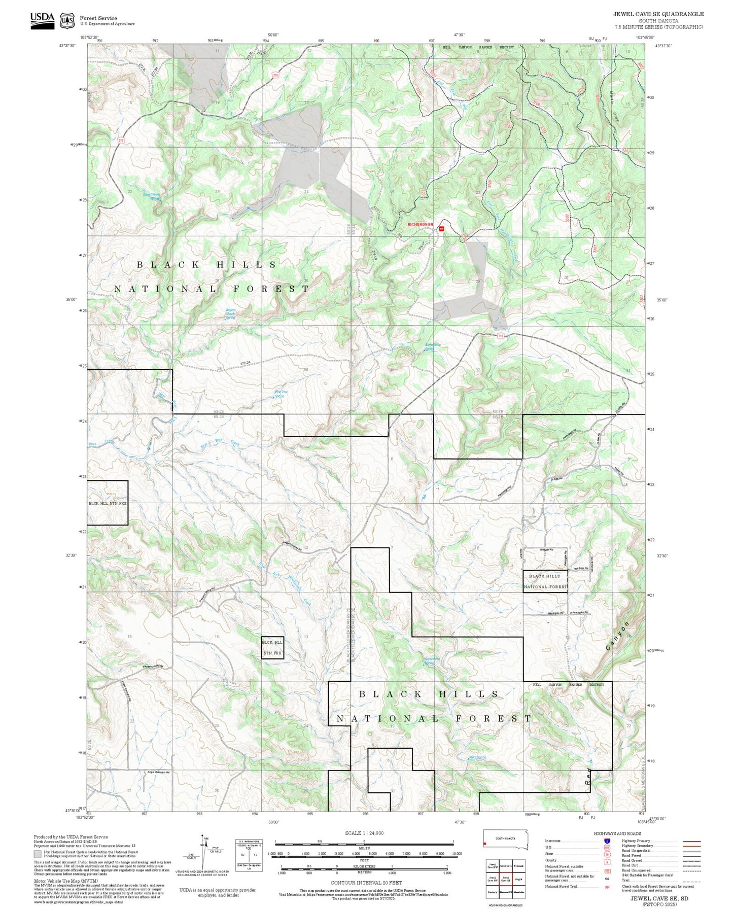2025 Forest Service Topo Map of Jewel Cave SE South Dakota