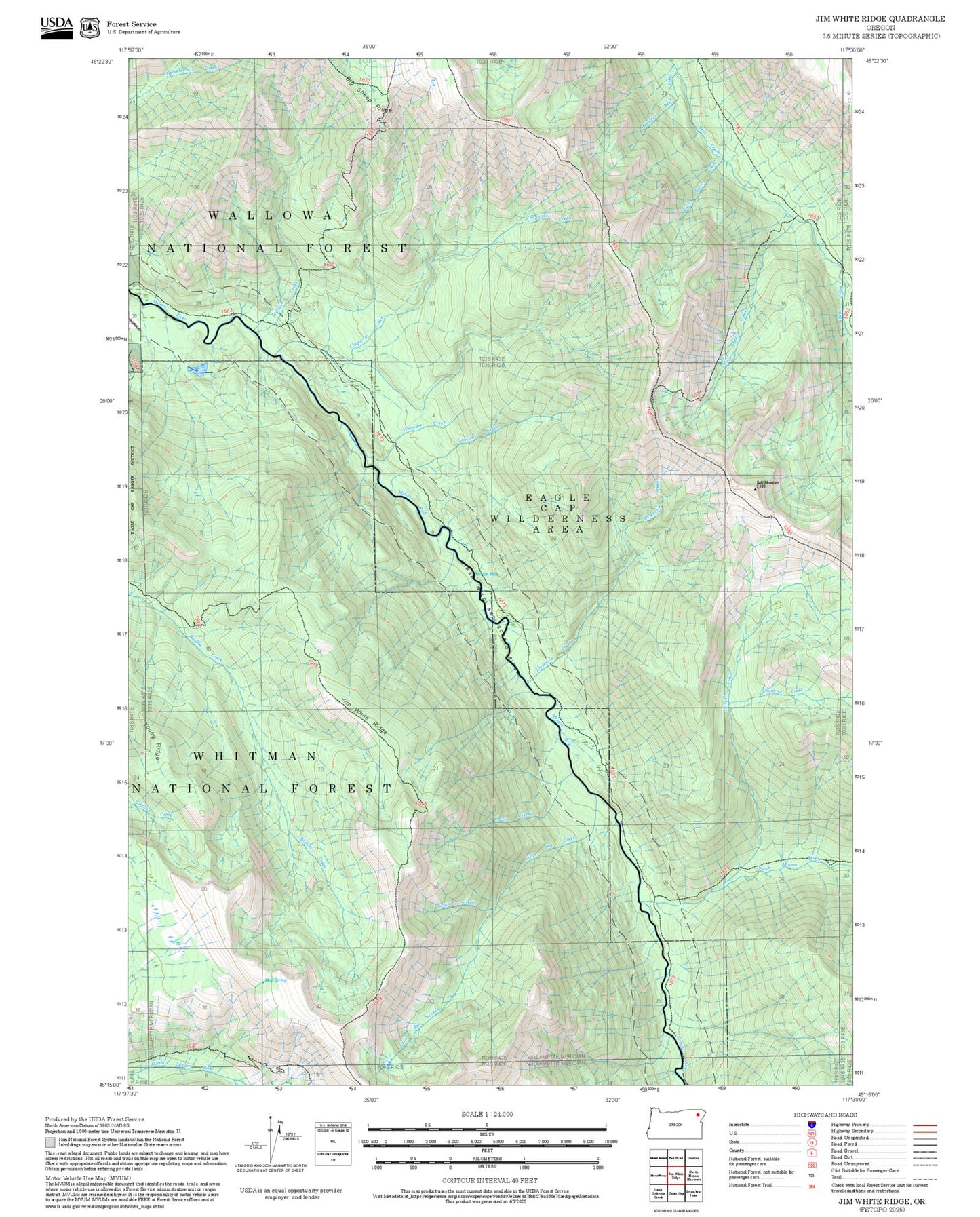 2025 Forest Service Topo Map of Jim White Ridge Oregon