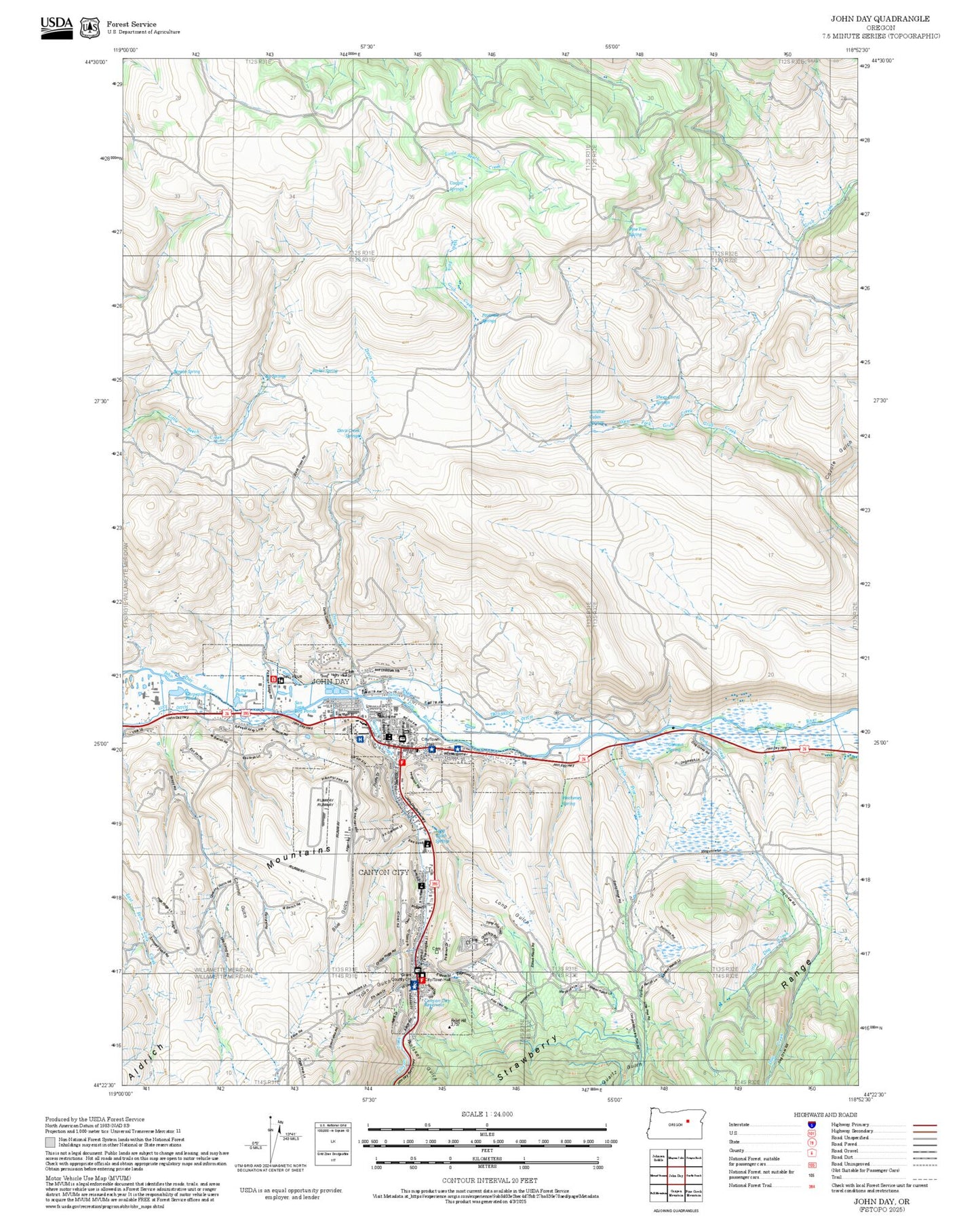 2025 Forest Service Topo Map of John Day Oregon