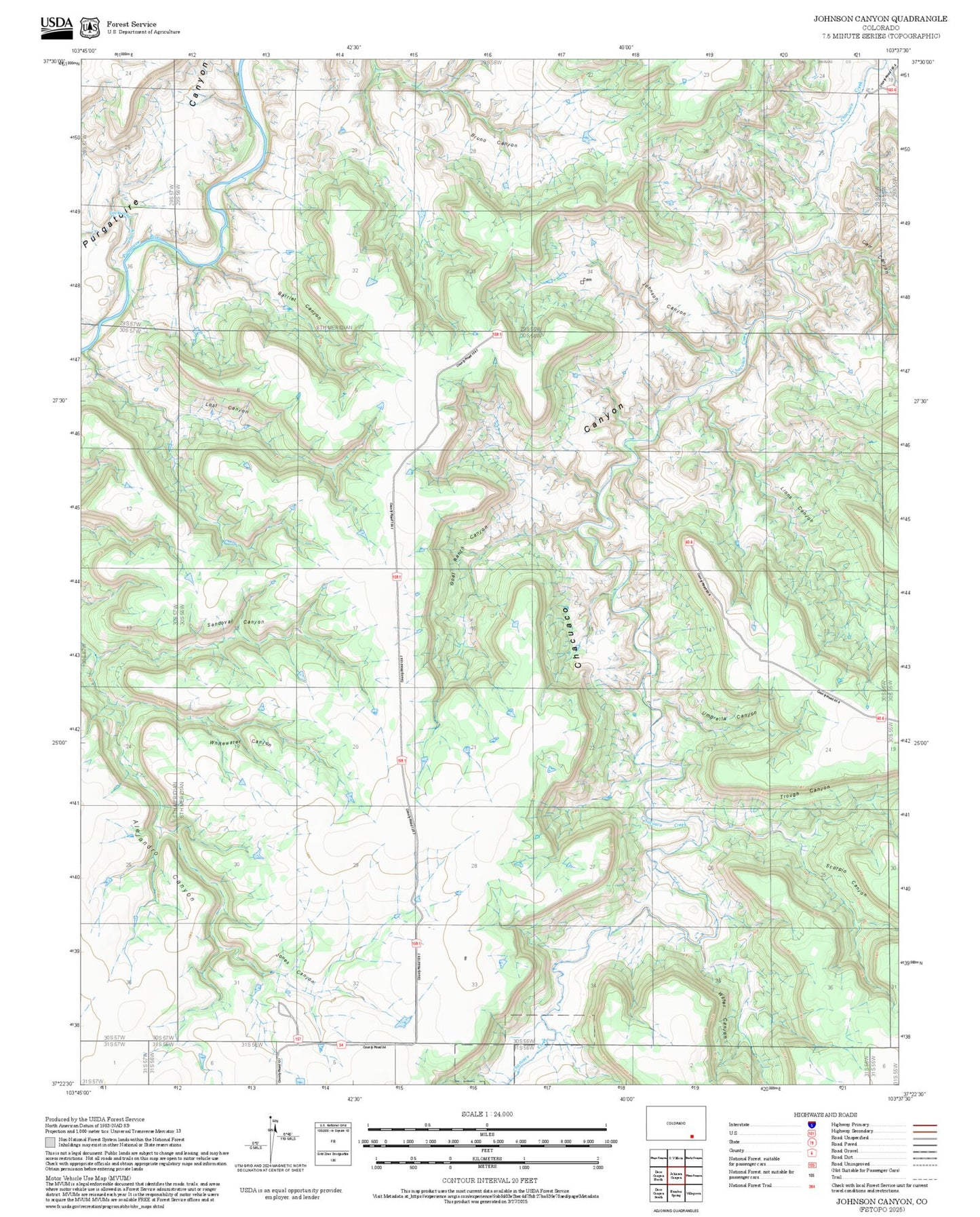 2025 Forest Service Topo Map of Johnson Canyon Colorado