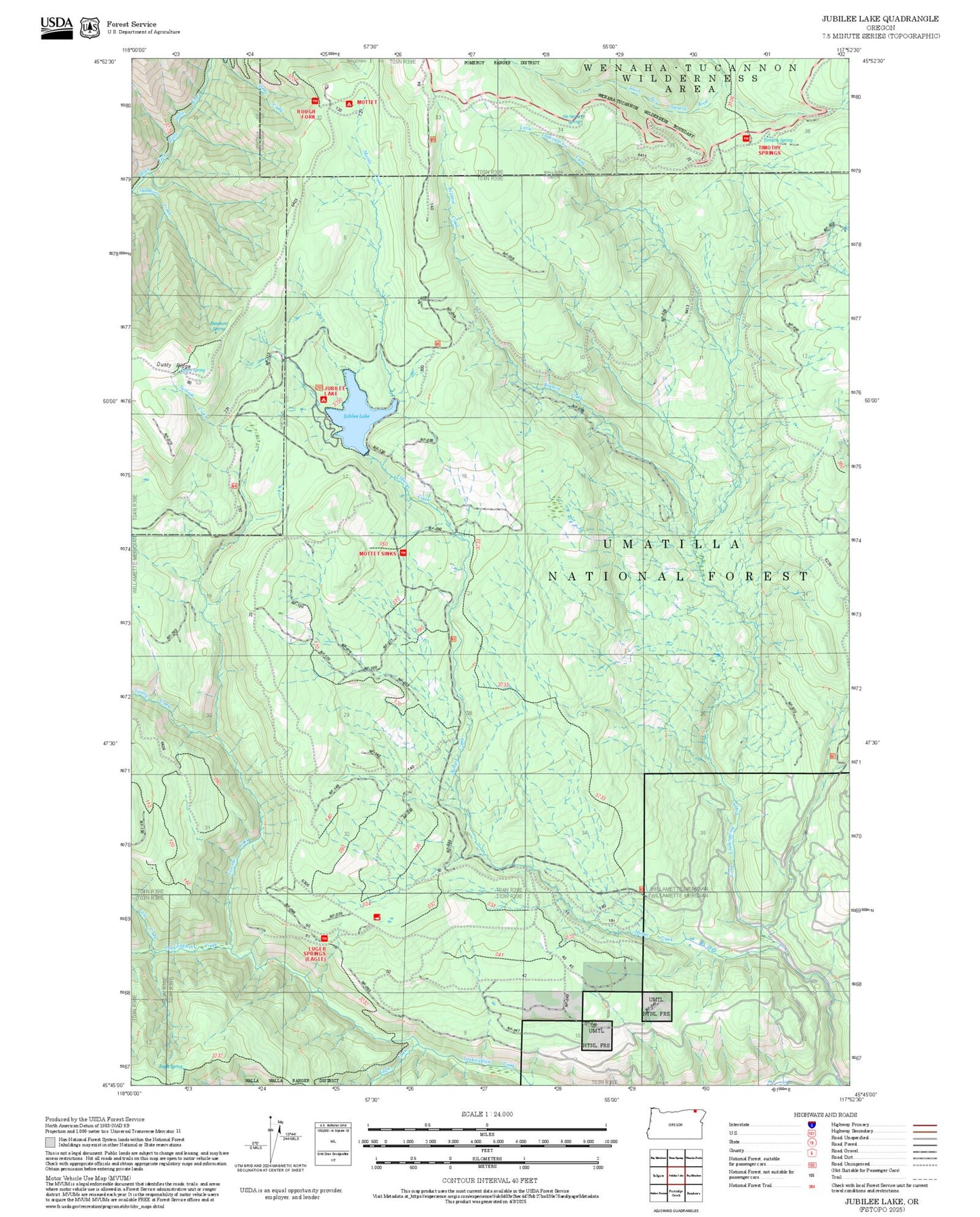 2025 Forest Service Topo Map of Jubilee Lake Oregon