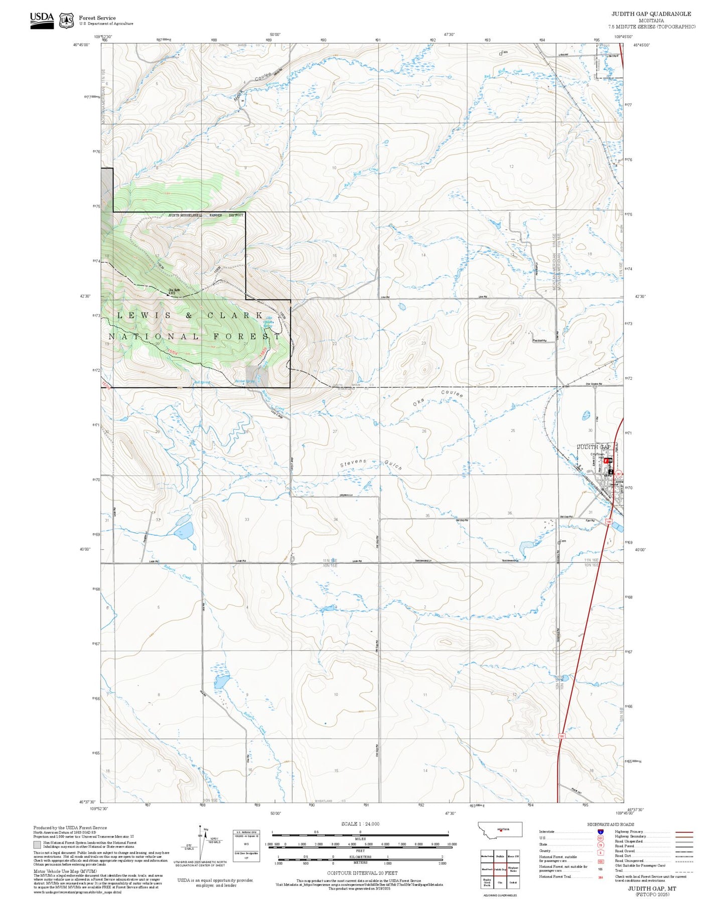 2025 Forest Service Topo Map of Judith Gap Montana
