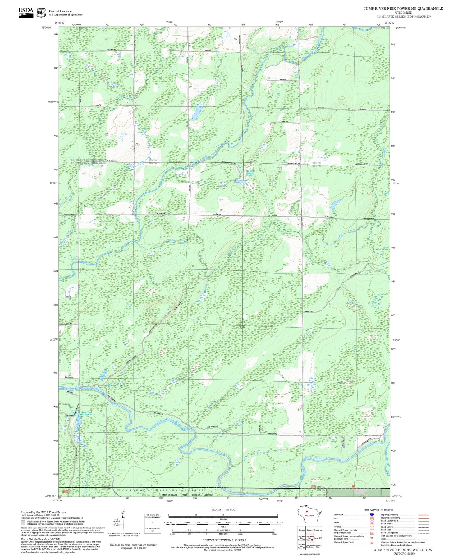 2025 Forest Service Topo Map of Jump River Fire Tower NE Wisconsin