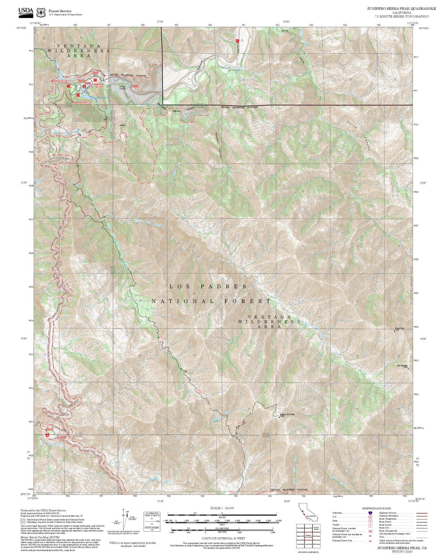 2025 Forest Service Topo Map of Junipero Serra Peak California
