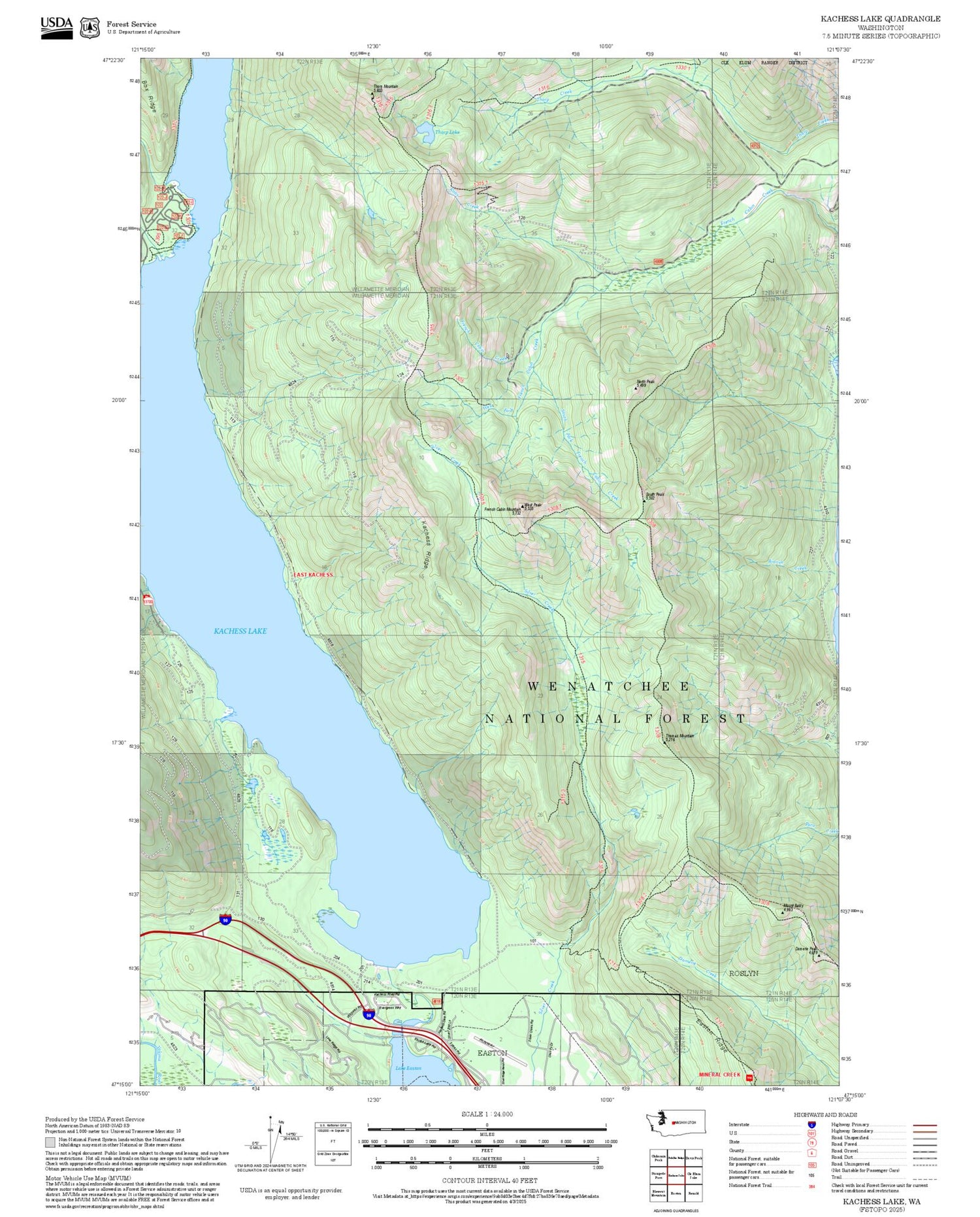 2025 Forest Service Topo Map of Kachess Lake Washington