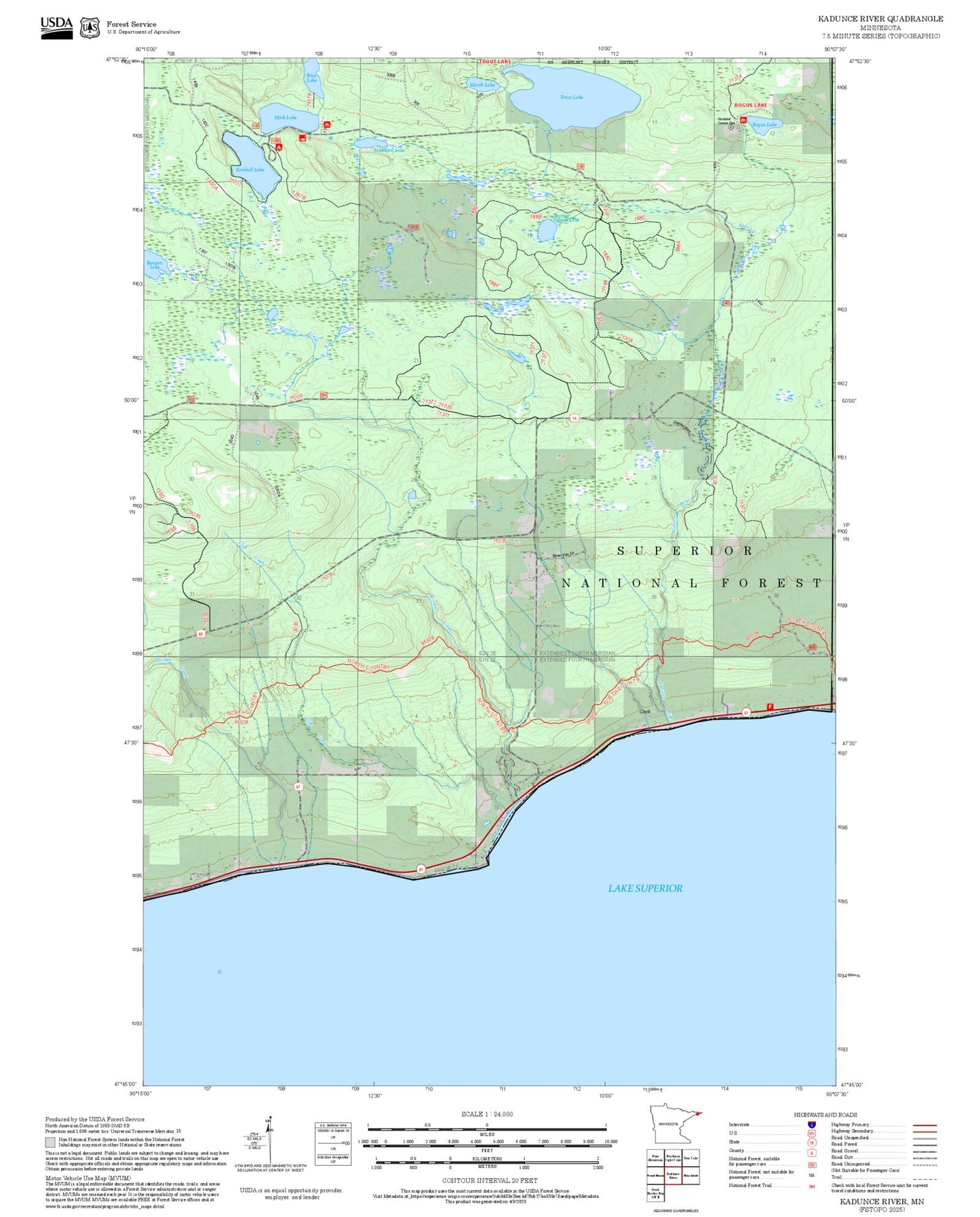 2025 Forest Service Topo Map of Kadunce River Minnesota