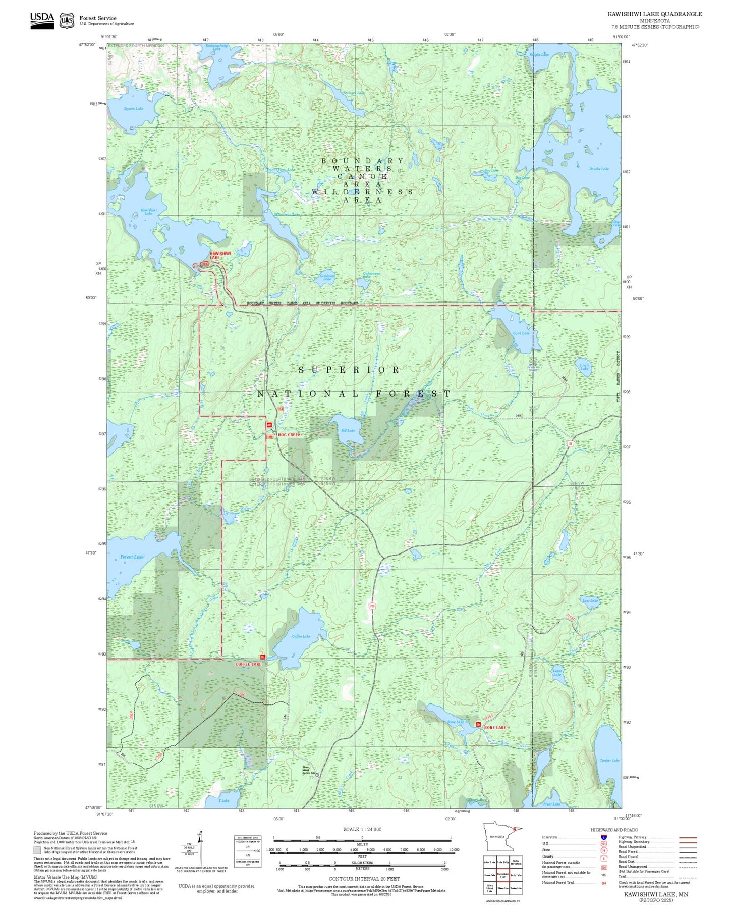 2025 Forest Service Topo Map of Kawishiwi Lake Minnesota