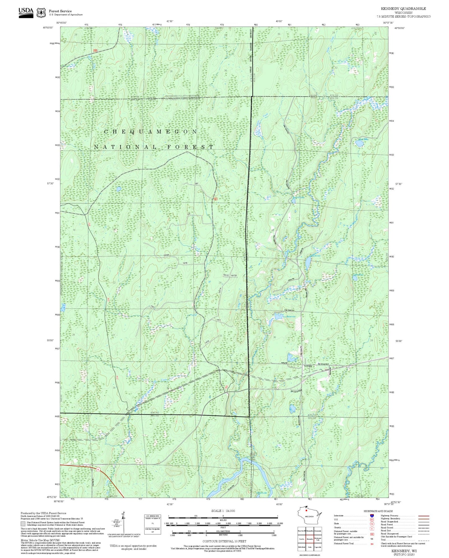 2025 Forest Service Topo Map of Kennedy Wisconsin