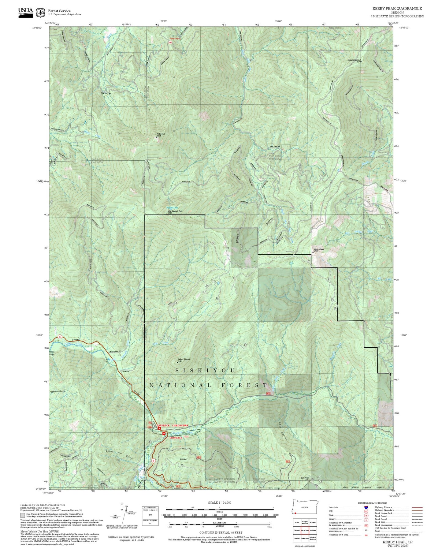 2025 Forest Service Topo Map of Kerby Peak Oregon