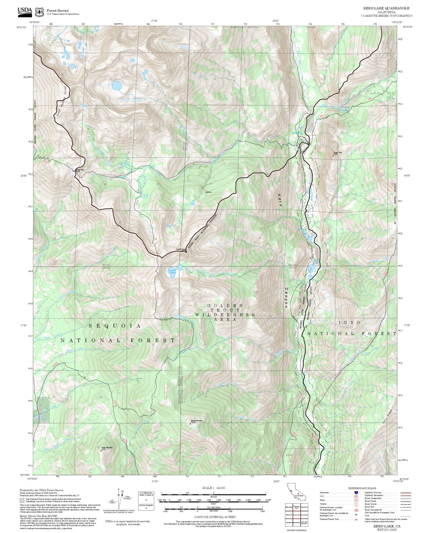 2025 Forest Service Topo Map of Kern Lake California