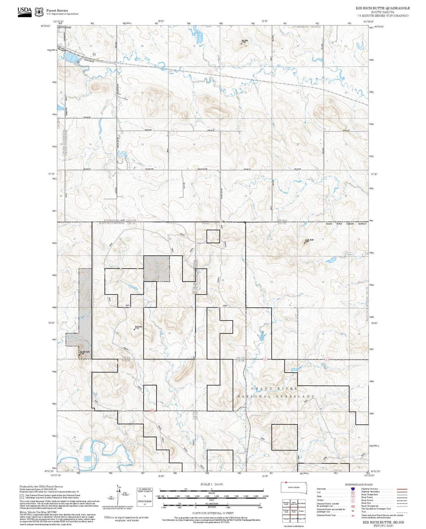2025 Forest Service Topo Map of Kid Rich Butte South Dakota