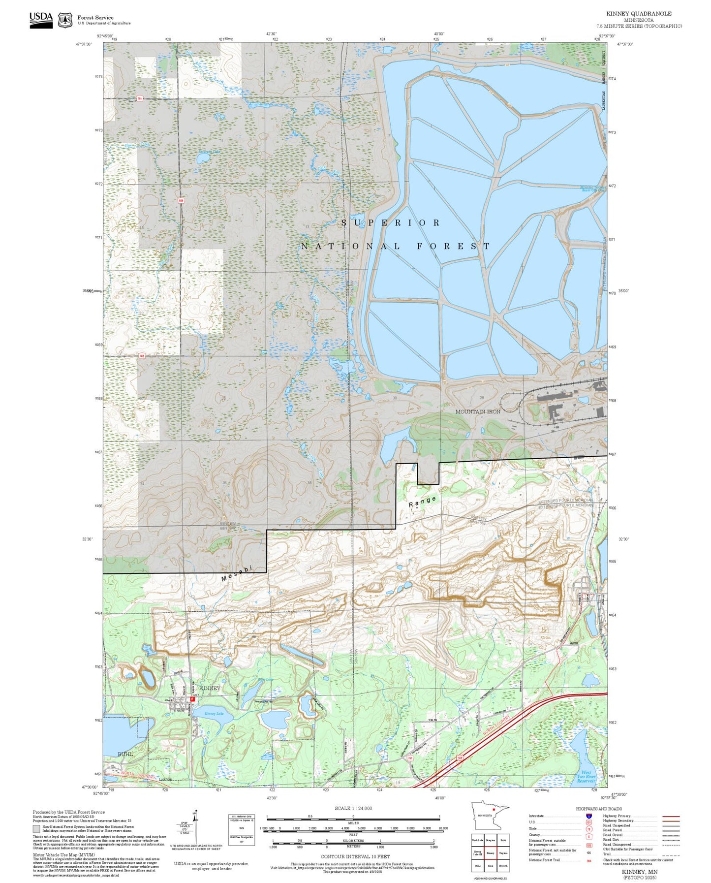 2025 Forest Service Topo Map of Kinney Minnesota