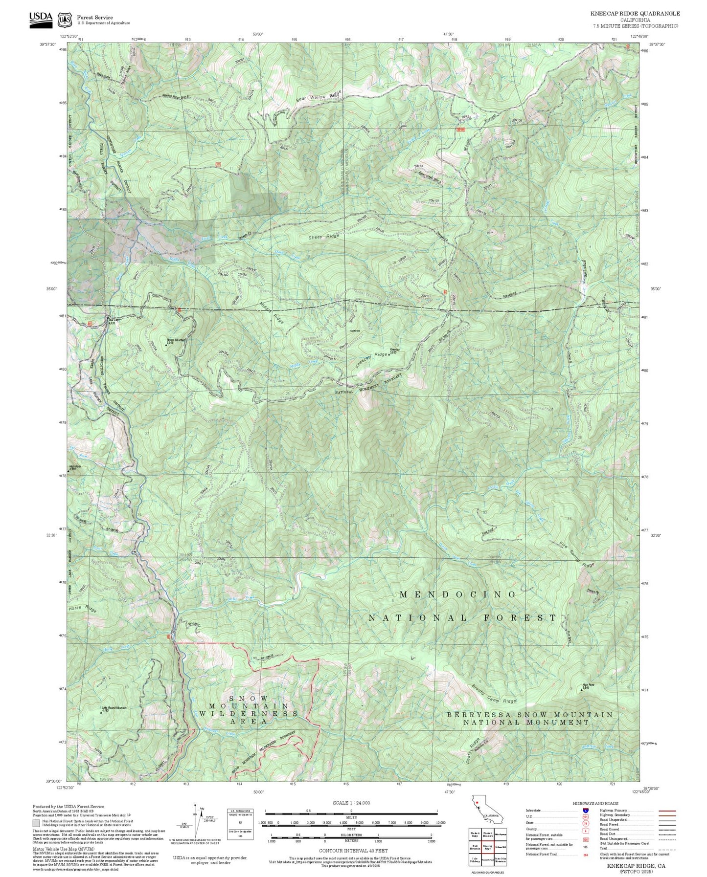 2025 Forest Service Topo Map of Kneecap Ridge California