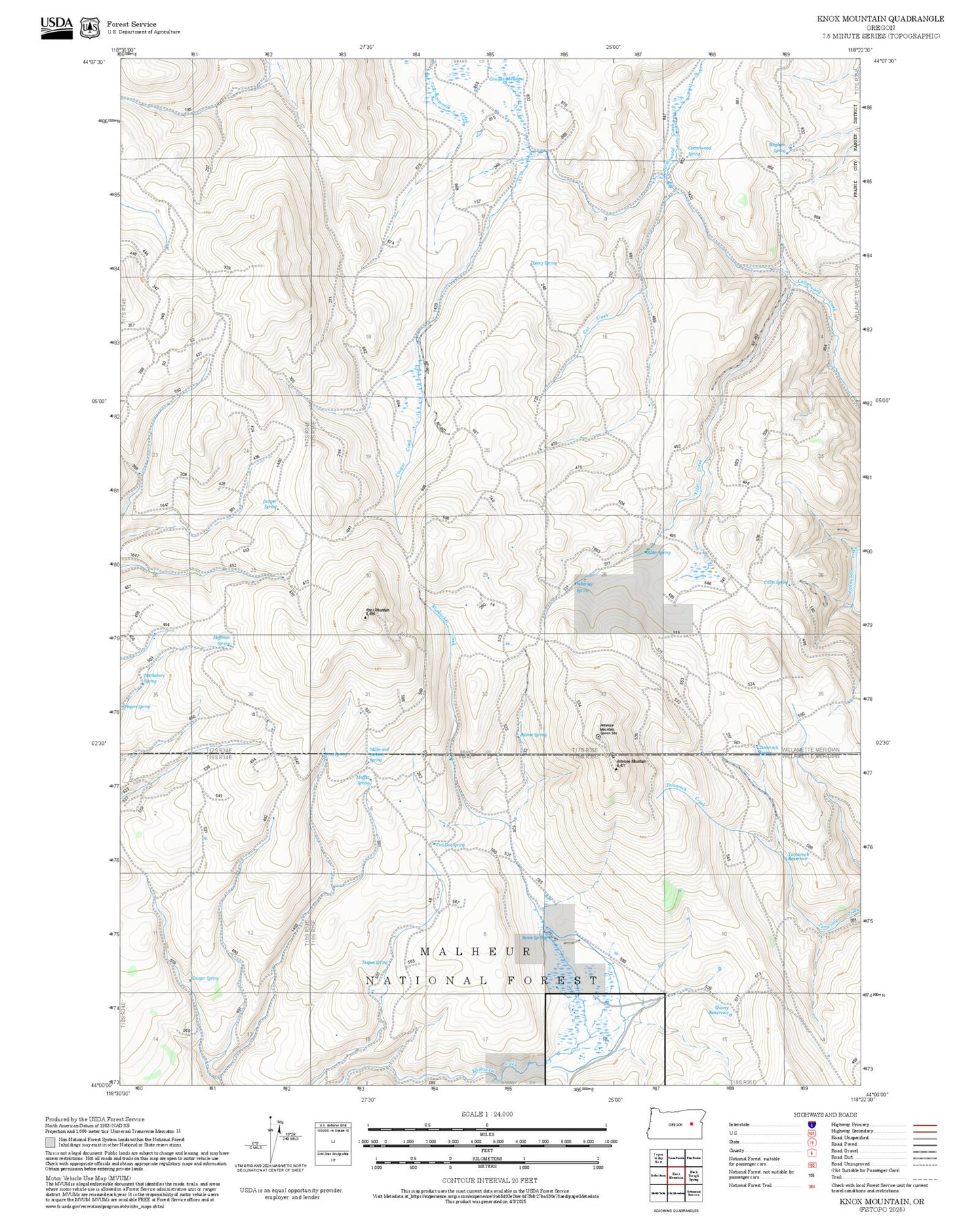 2025 Forest Service Topo Map of Knox Mountain Oregon