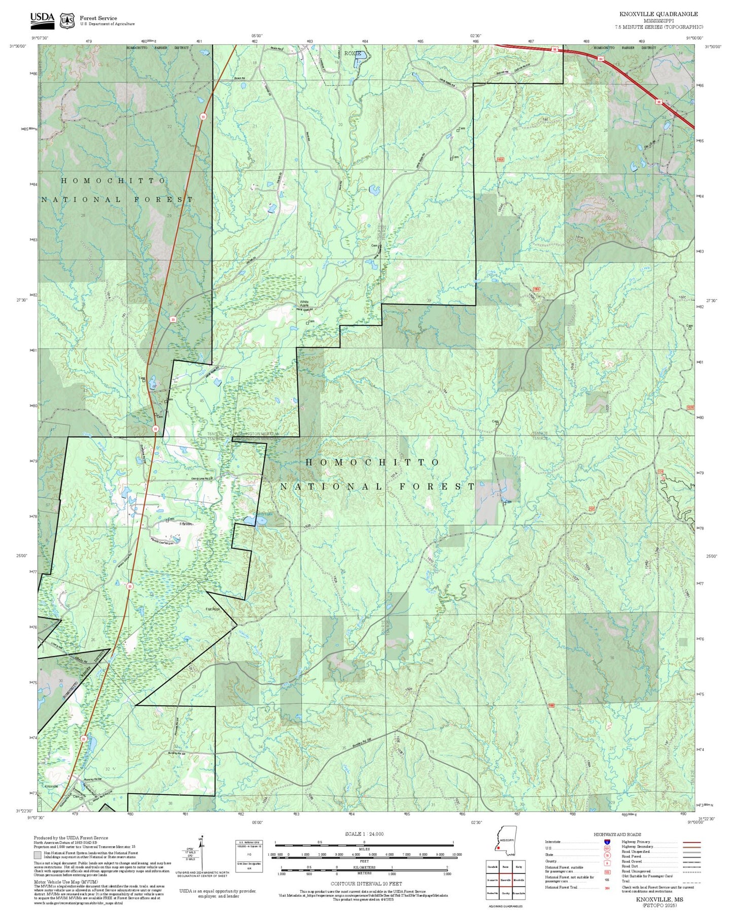 2025 Forest Service Topo Map of Knoxville Mississippi