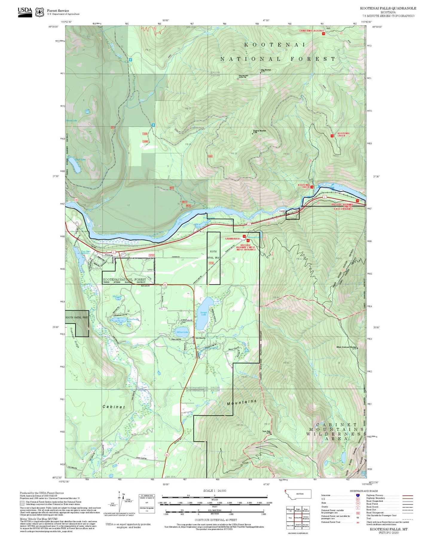 2025 Forest Service Topo Map of Kootenai Falls Montana