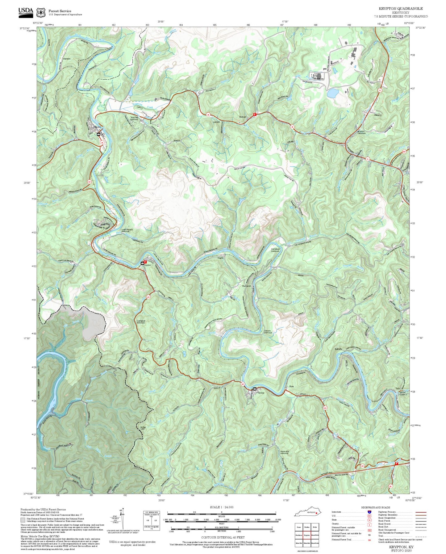 2025 Forest Service Topo Map of Krypton Kentucky