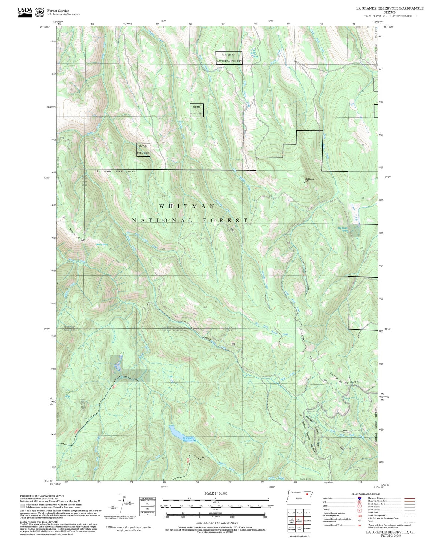 2025 Forest Service Topo Map of La Grande Reservoir Oregon