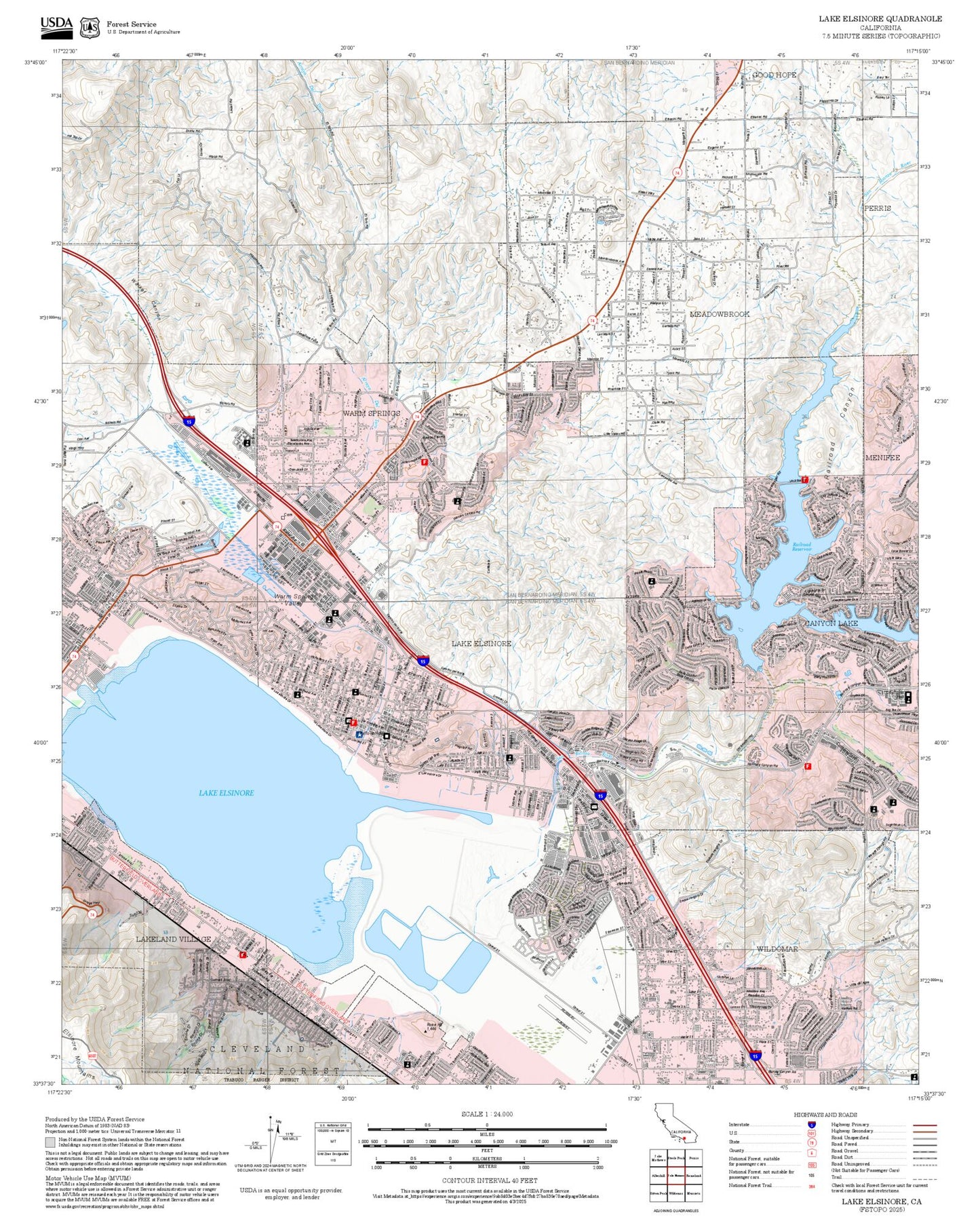 2025 Forest Service Topo Map of Lake Elsinore California