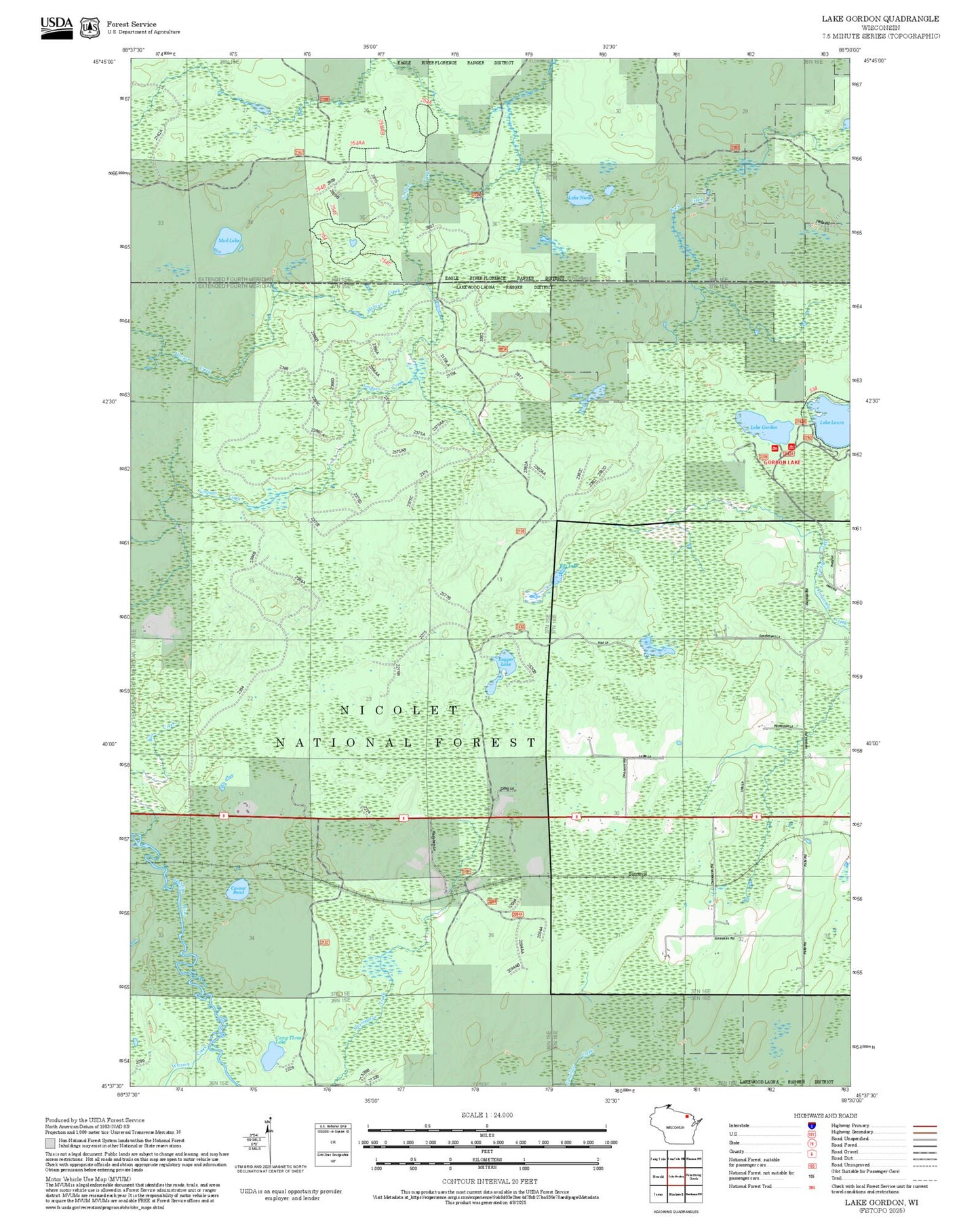 2025 Forest Service Topo Map of Lake Gordon Wisconsin