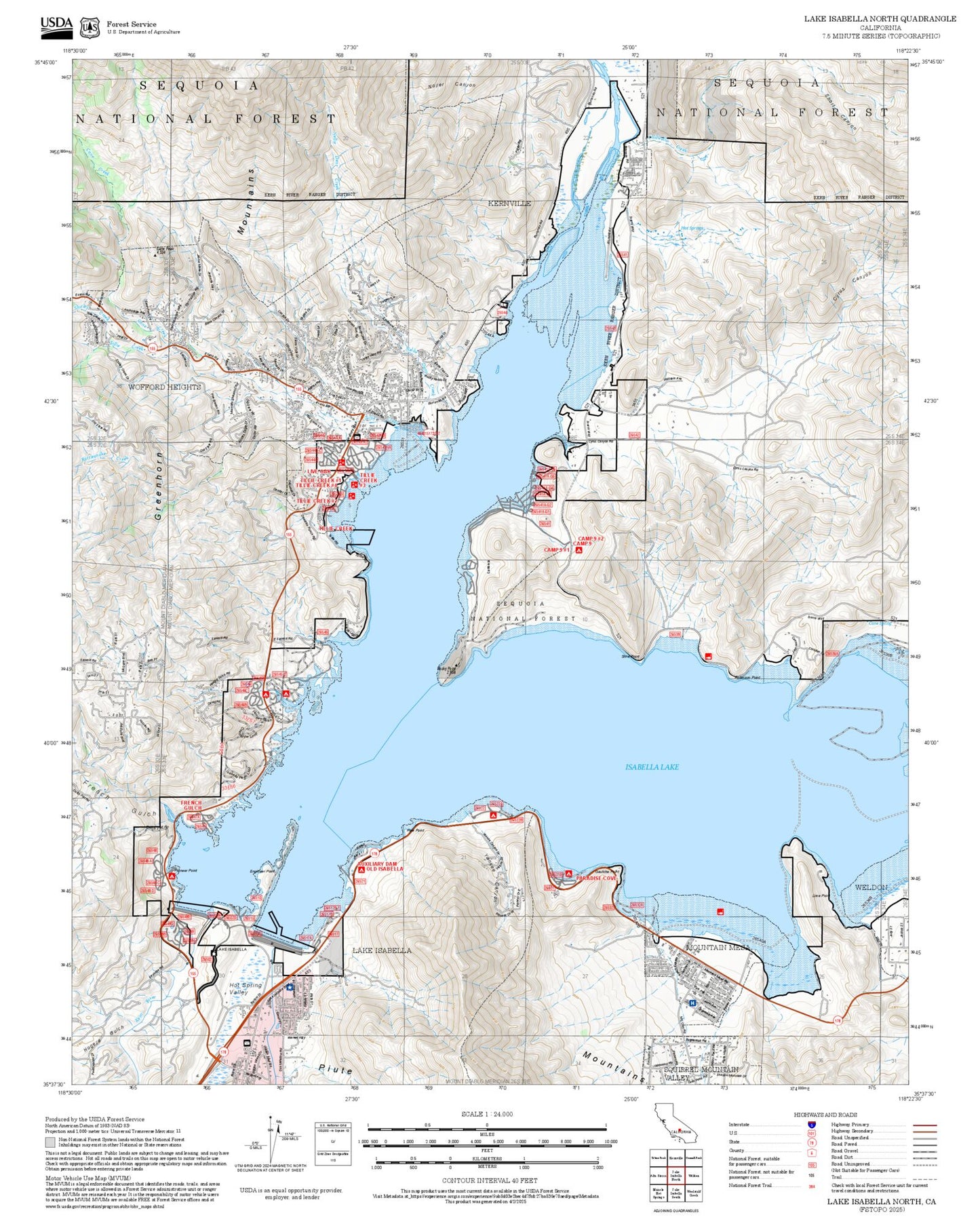 2025 Forest Service Topo Map of Lake Isabella North California
