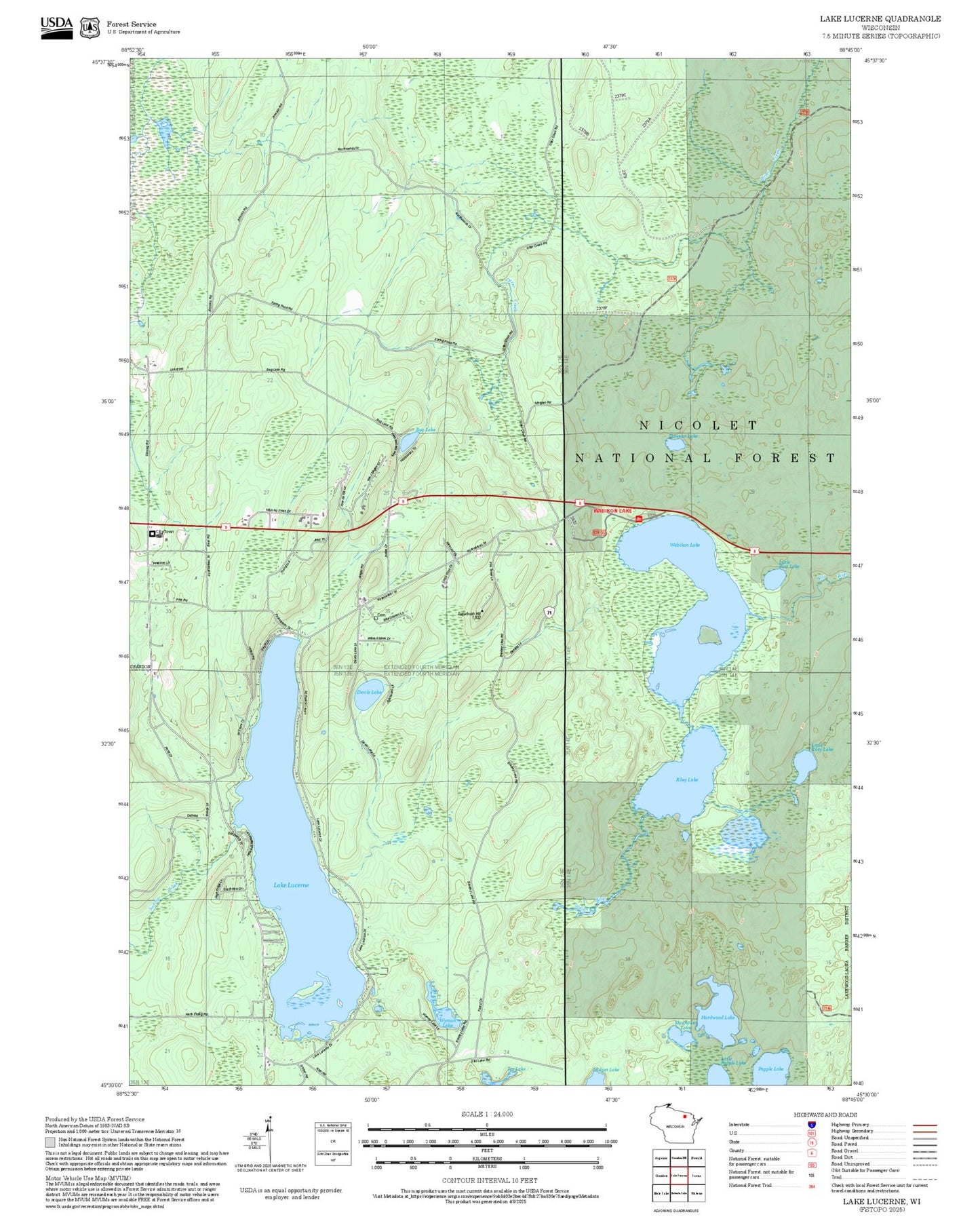 2025 Forest Service Topo Map of Lake Lucerne Wisconsin