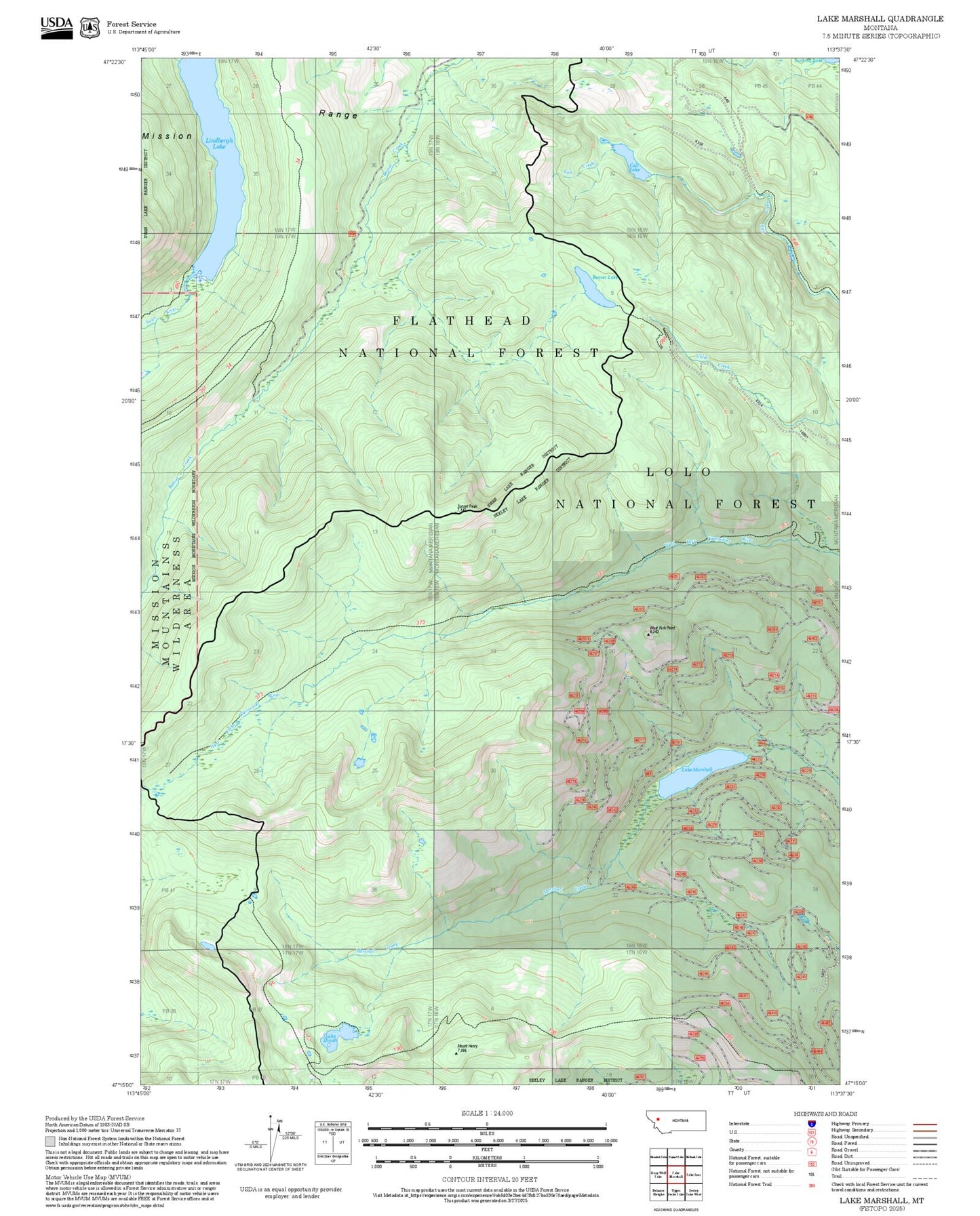 2025 Forest Service Topo Map of Lake Marshall Montana