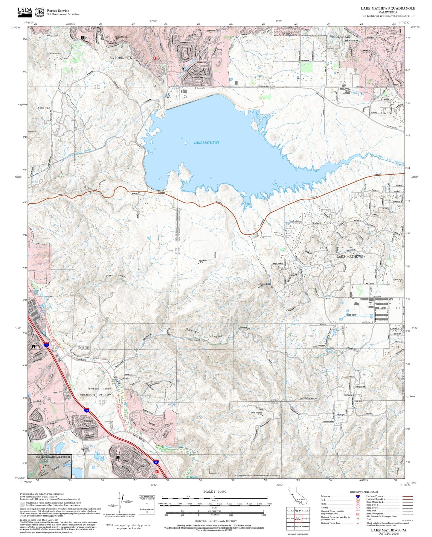 2025 Forest Service Topo Map of Lake Mathews California