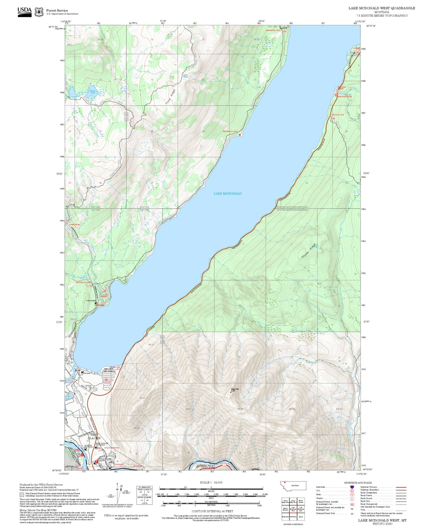 2025 Forest Service Topo Map of Lake McDonald West Montana