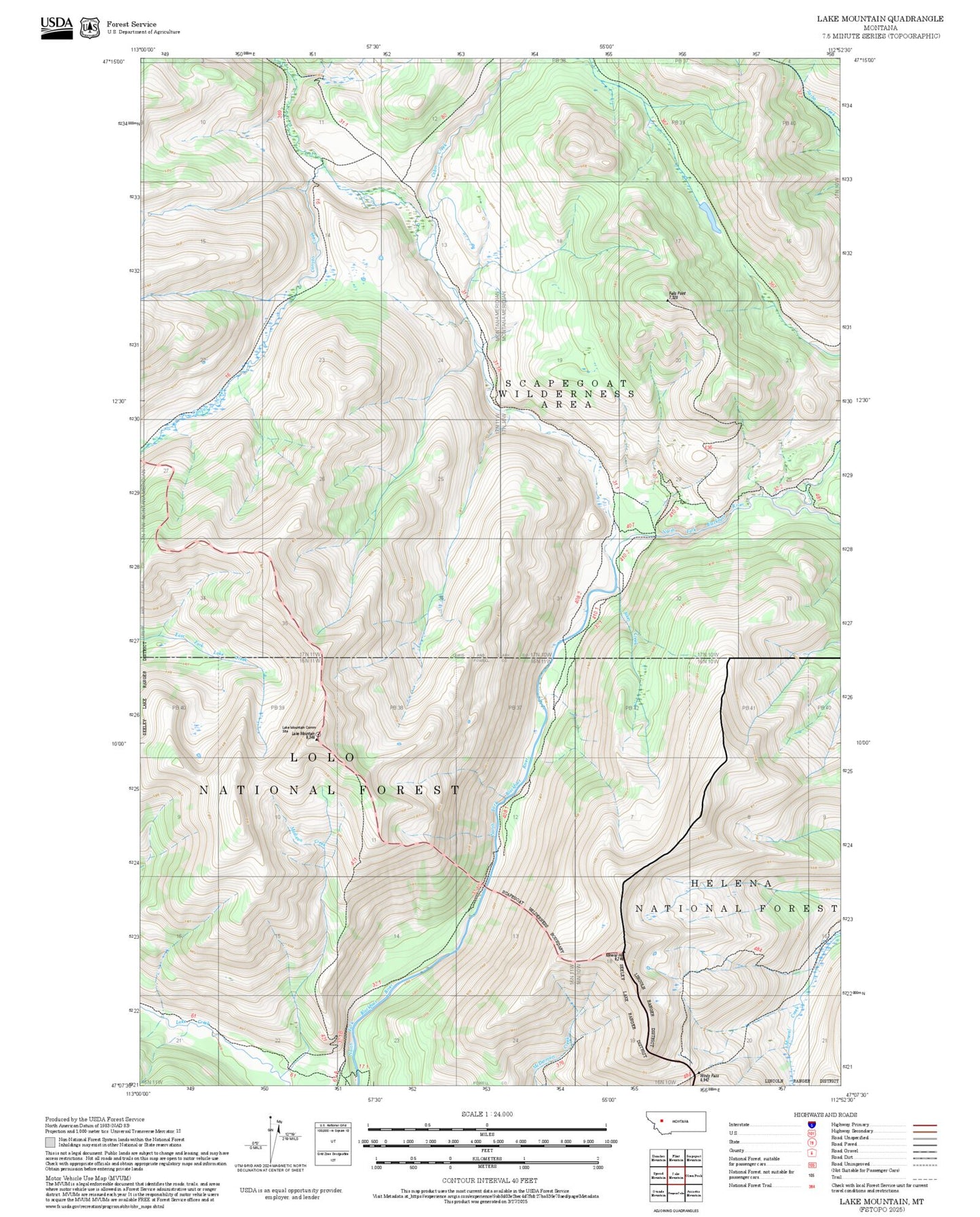 2025 Forest Service Topo Map of Lake Mountain Montana