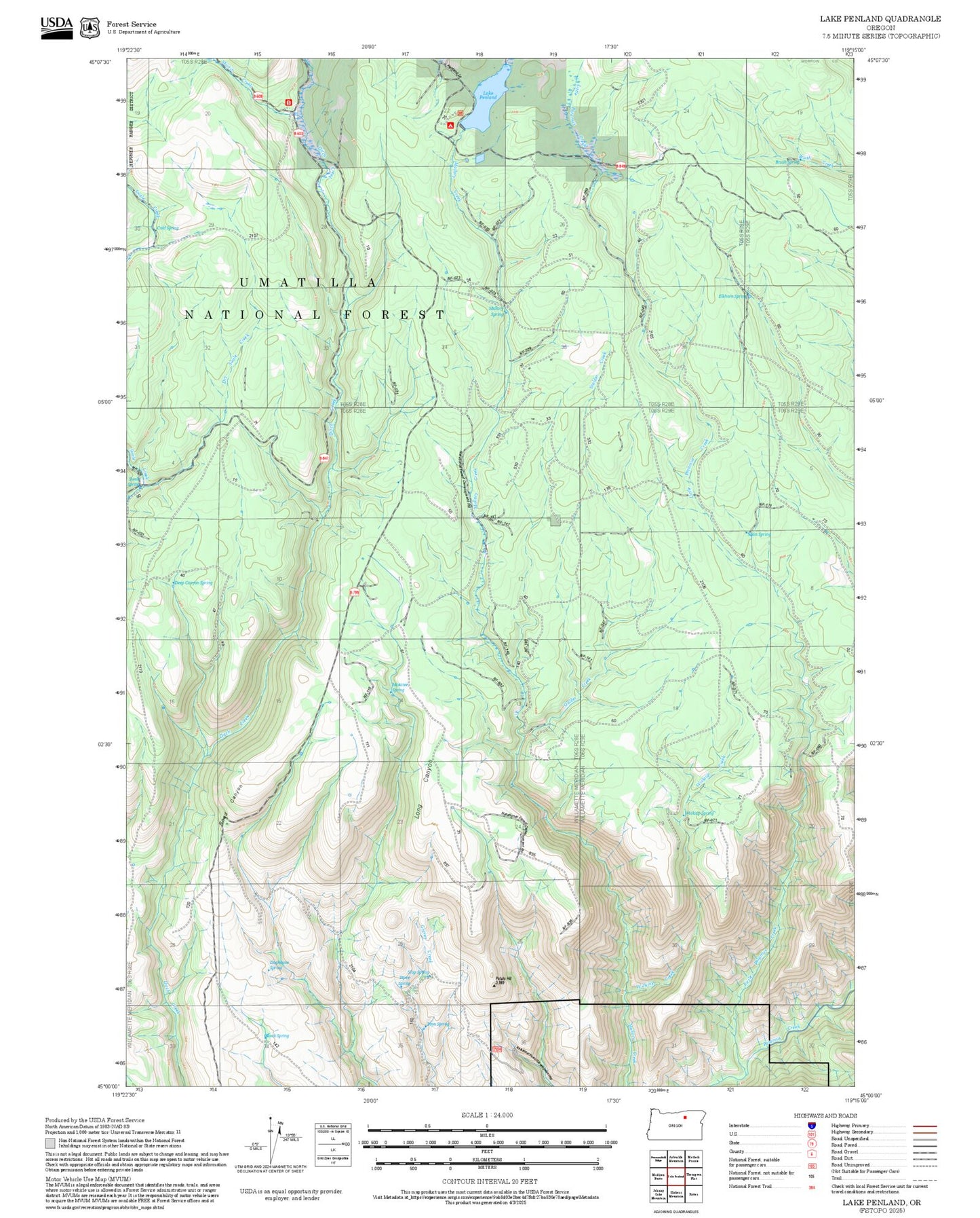 2025 Forest Service Topo Map of Lake Penland Oregon