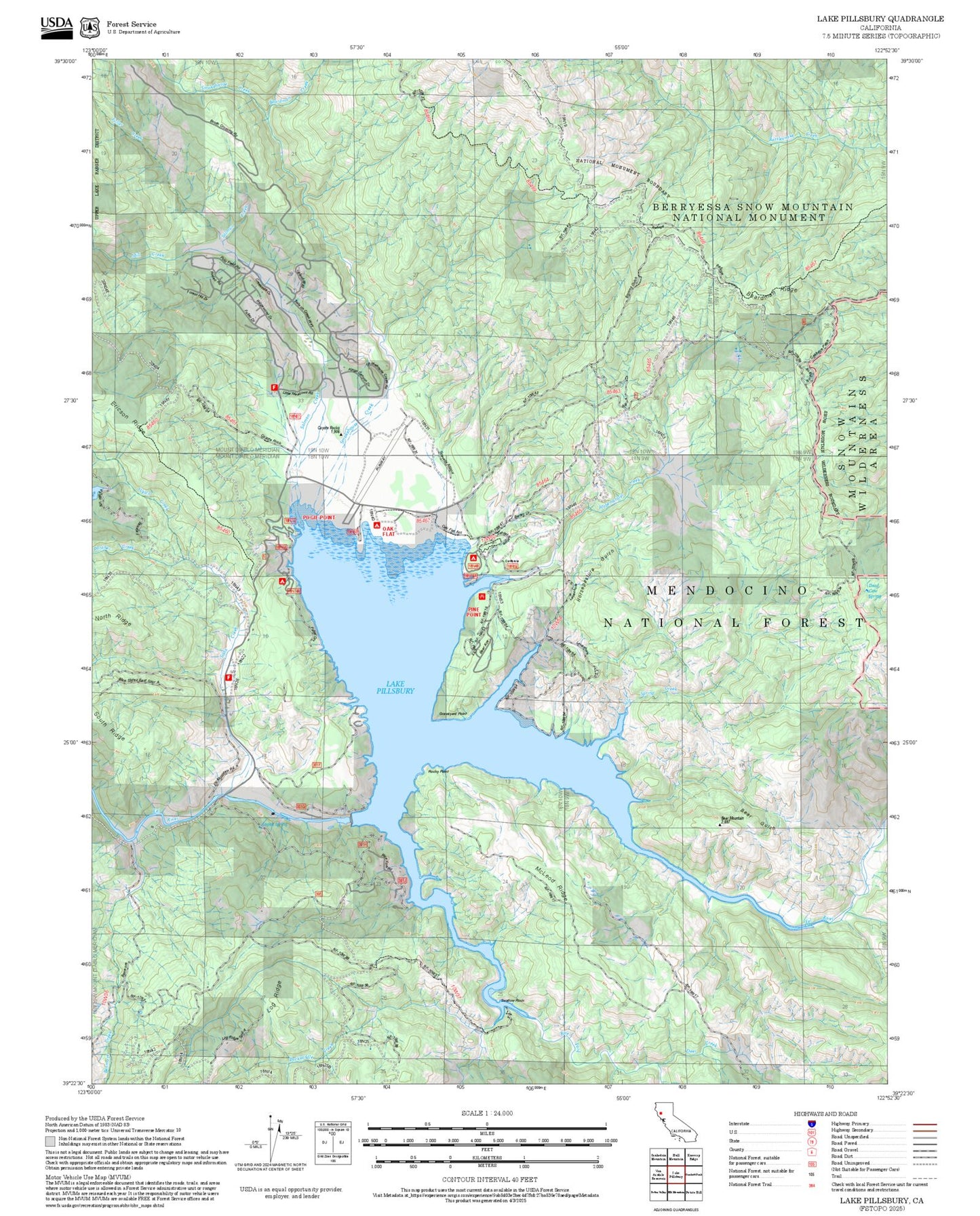 2025 Forest Service Topo Map of Lake Pillsbury California