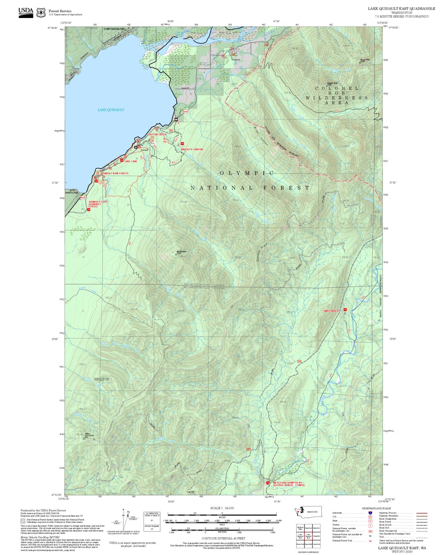 2025 Forest Service Topo Map of Lake Quinault East Washington