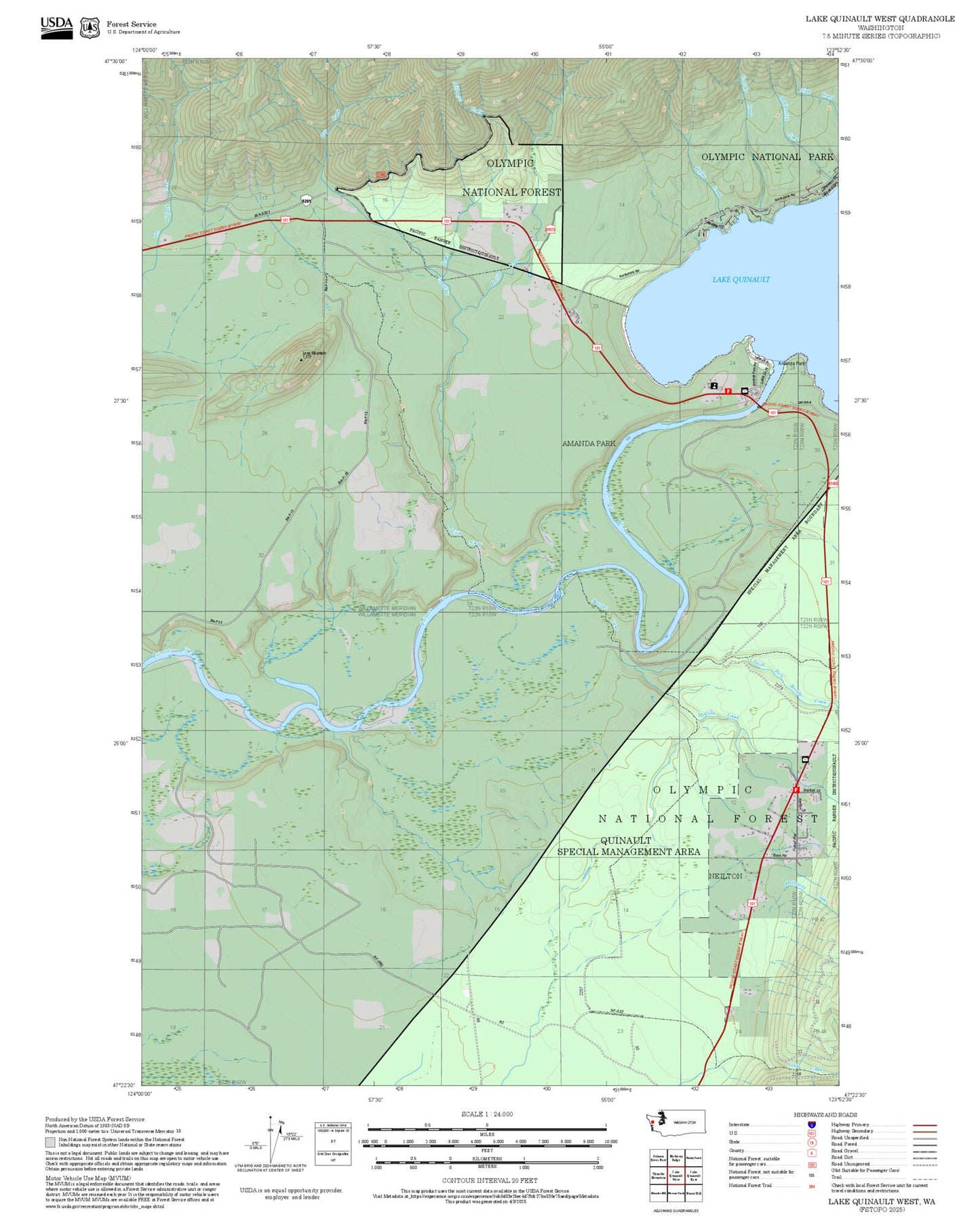 2025 Forest Service Topo Map of Lake Quinault West Washington