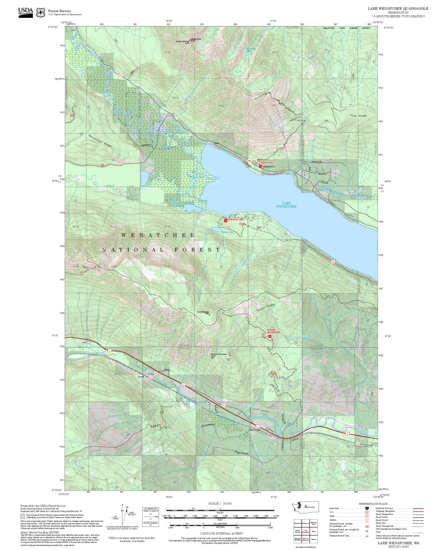 2025 Forest Service Topo Map of Lake Wenatchee Washington