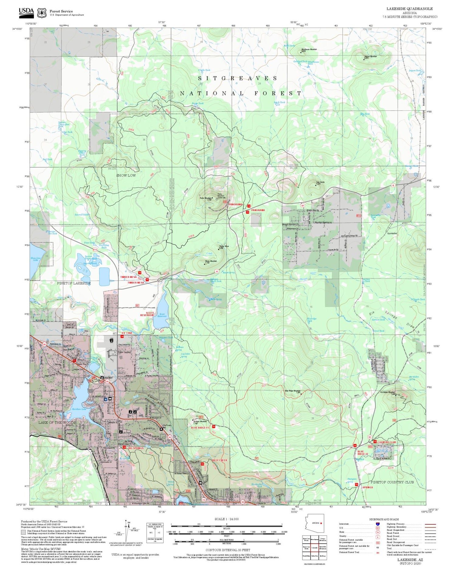 2025 Forest Service Topo Map of Lakeside Arizona