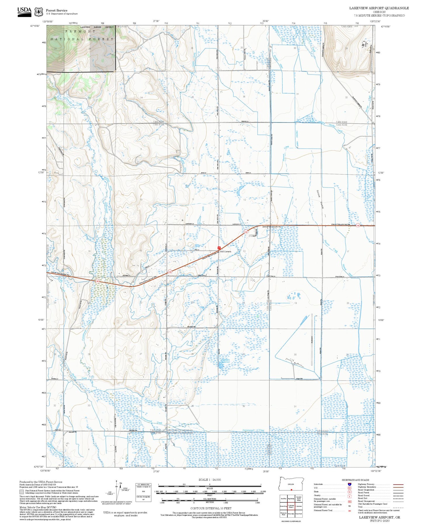 2025 Forest Service Topo Map of Lakeview Airport Oregon