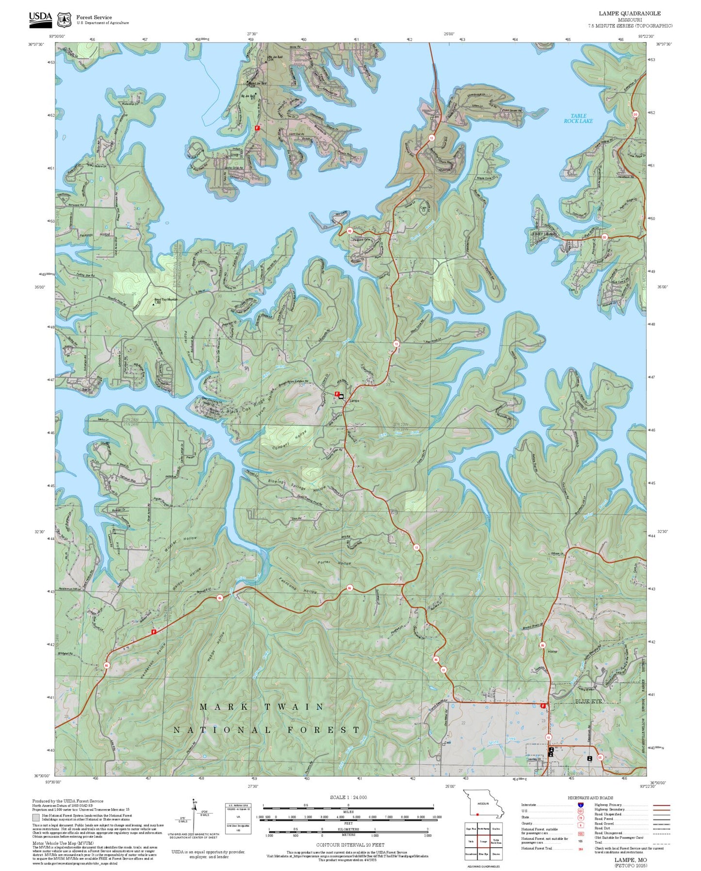 2025 Forest Service Topo Map of Lampe Missouri