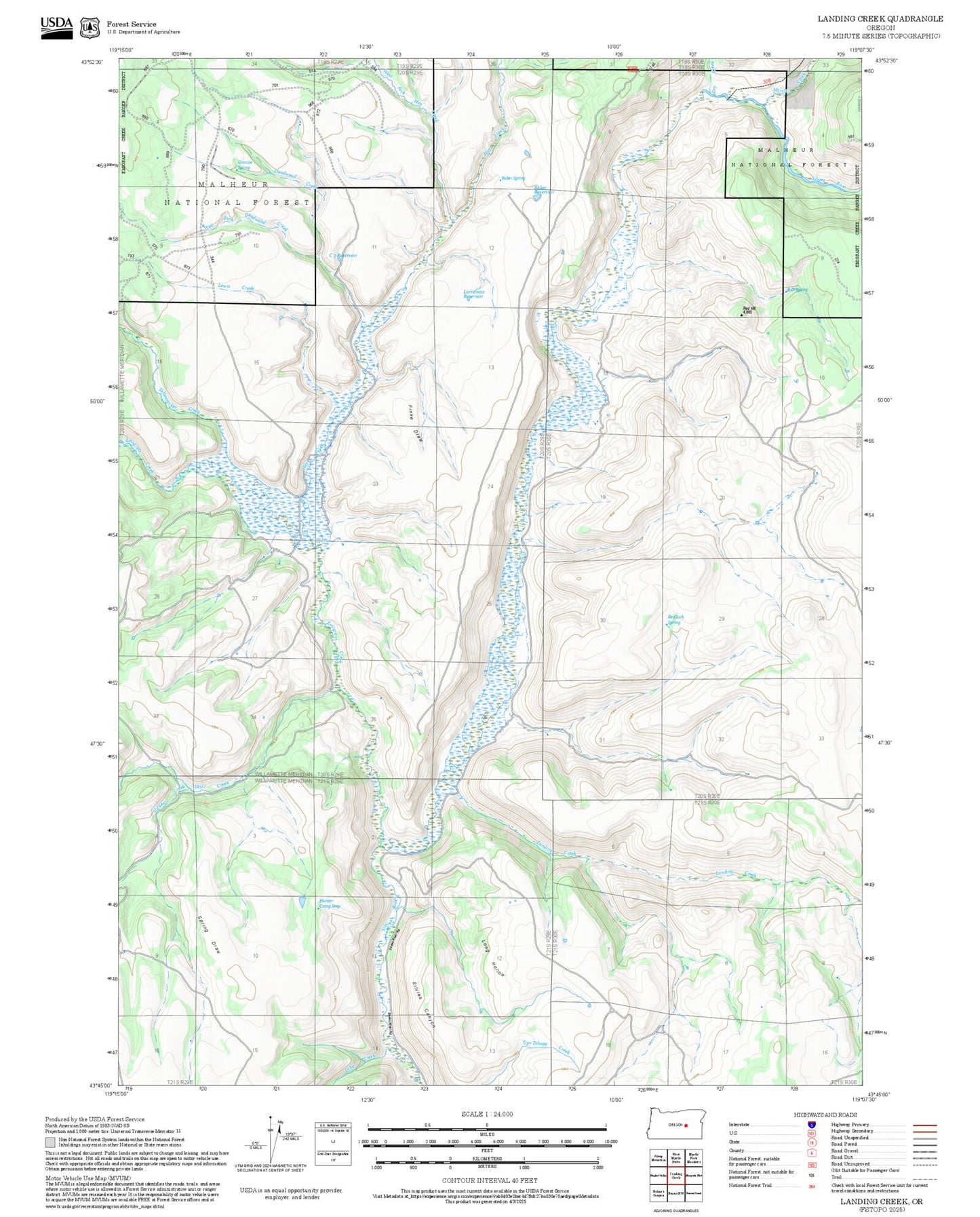 2025 Forest Service Topo Map of Landing Creek Oregon