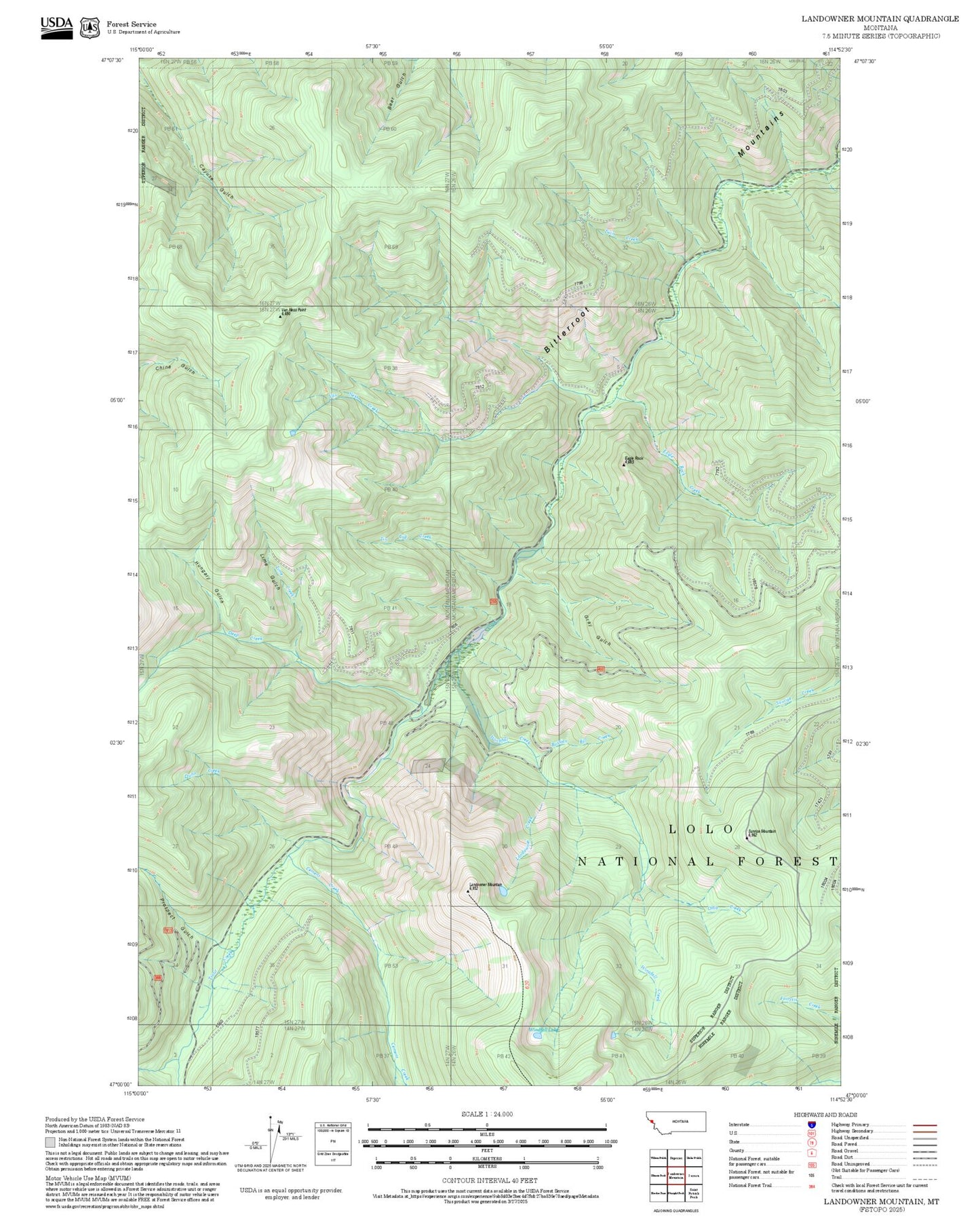 2025 Forest Service Topo Map of Landowner Mountain Montana