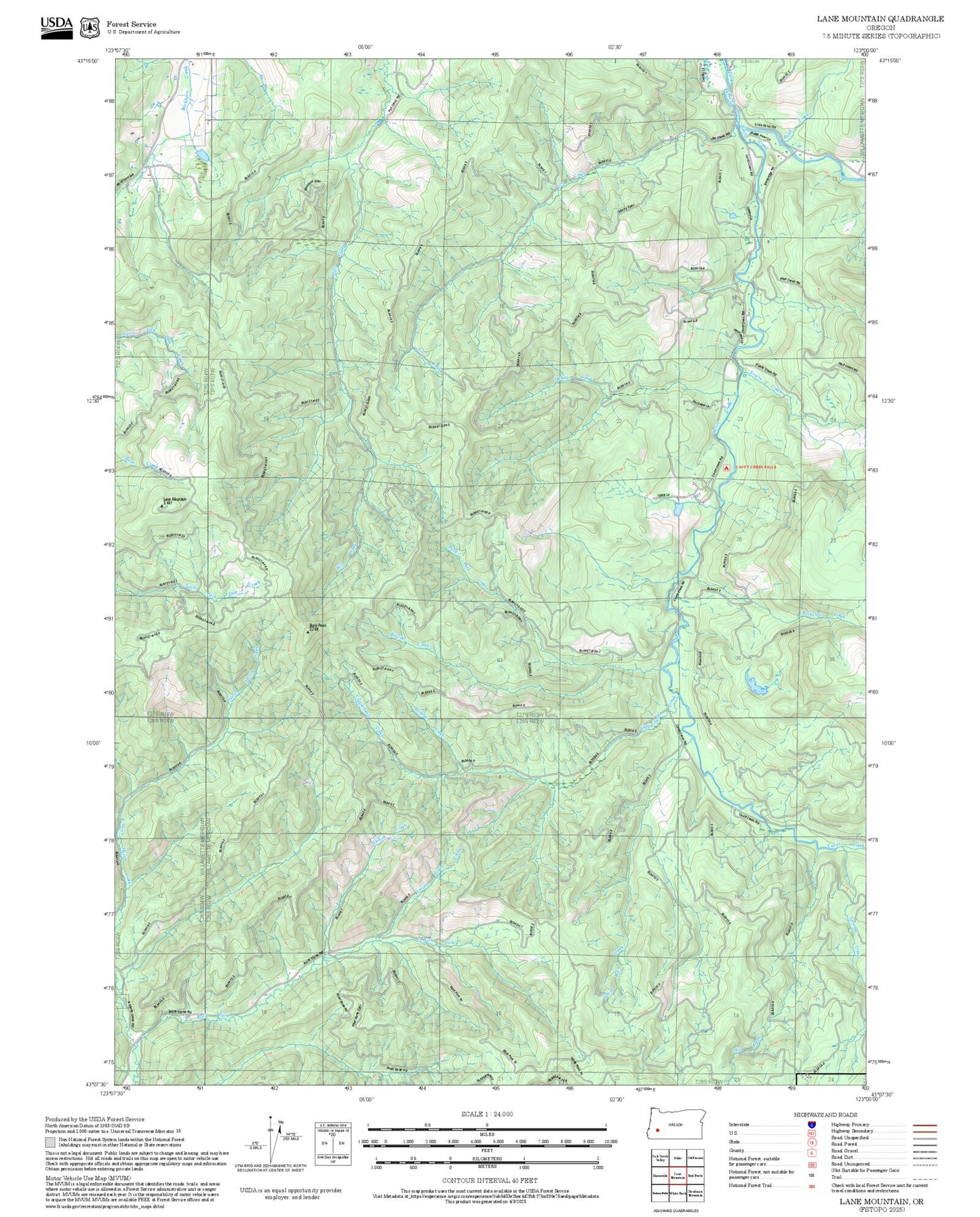 2025 Forest Service Topo Map of Lane Mountain Oregon