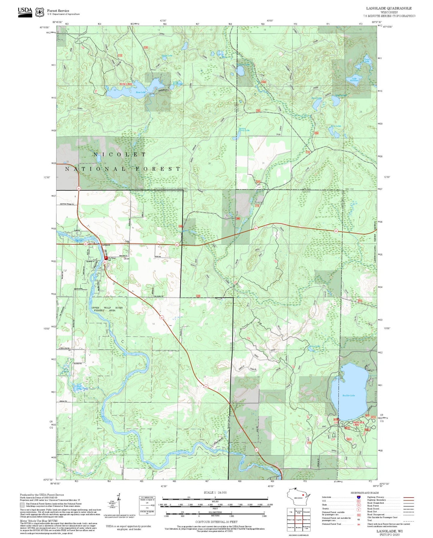 2025 Forest Service Topo Map of Langlade Wisconsin