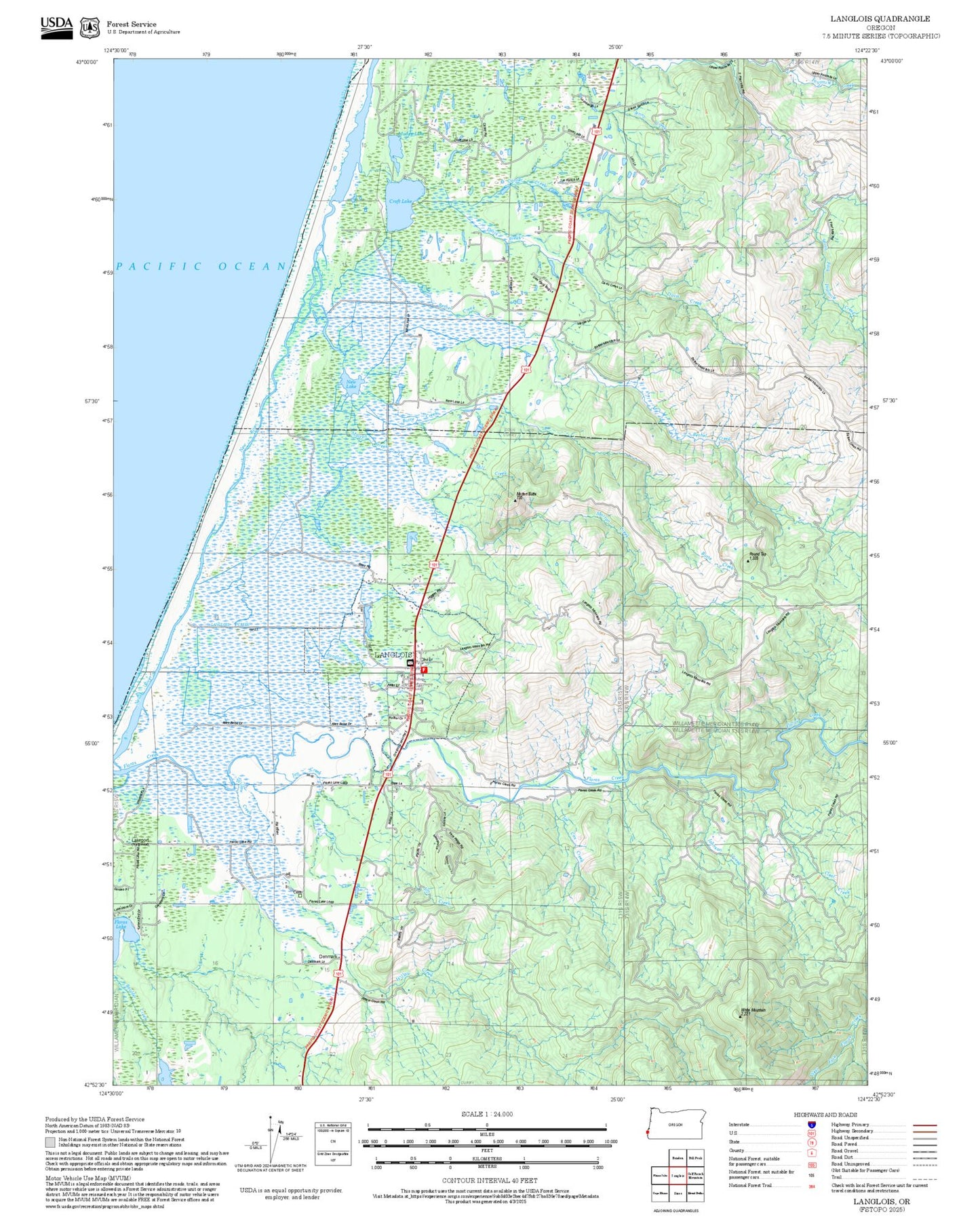 2025 Forest Service Topo Map of Langlois Oregon